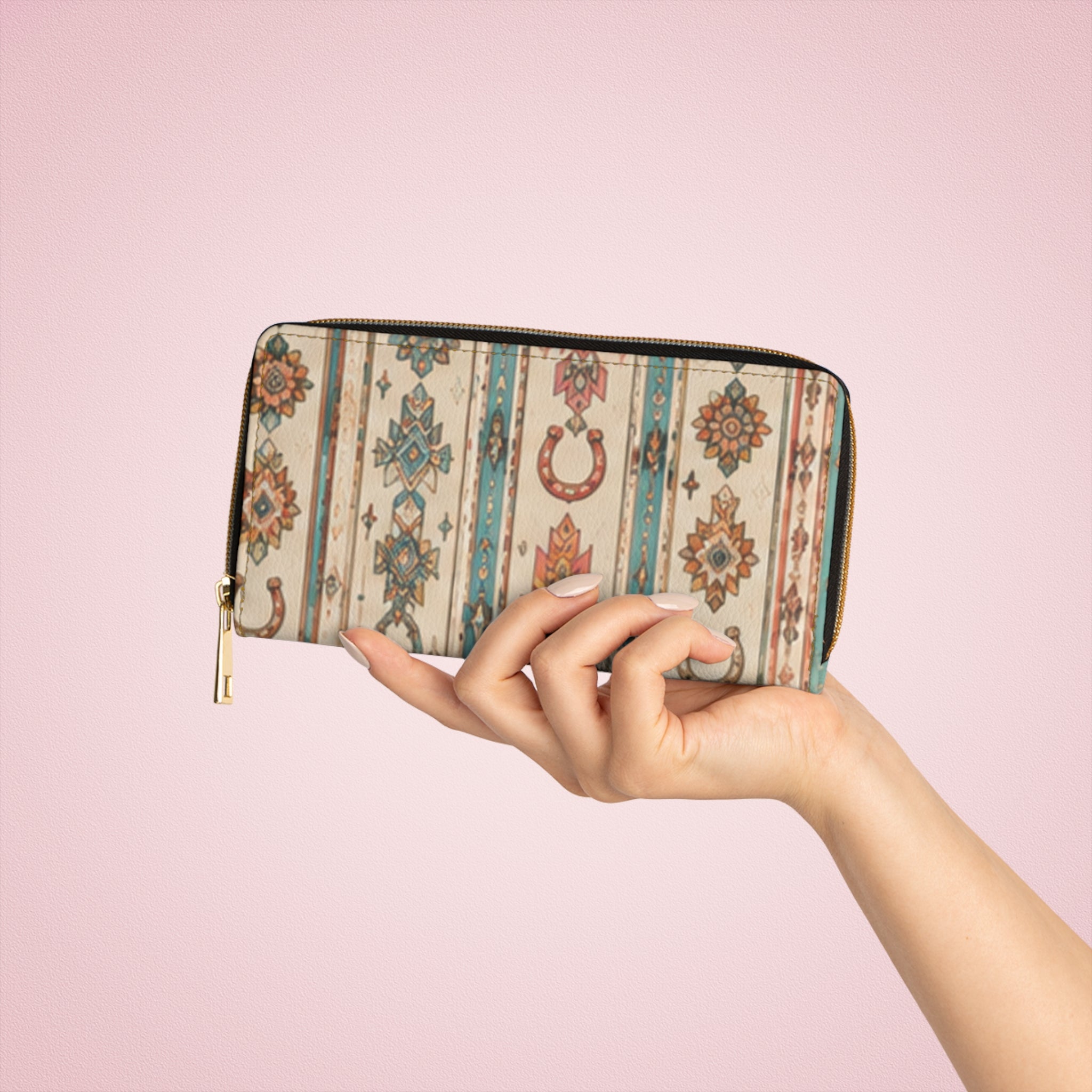 Western Aztec Zip Wallet — Boho Horseshoe Patterned Zipper Wallet