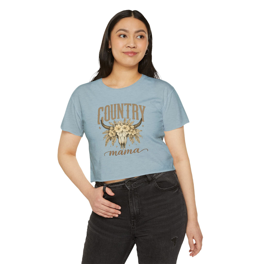 Country Mama Crop Top — Floral Bull Skull Festival Tee for Moms