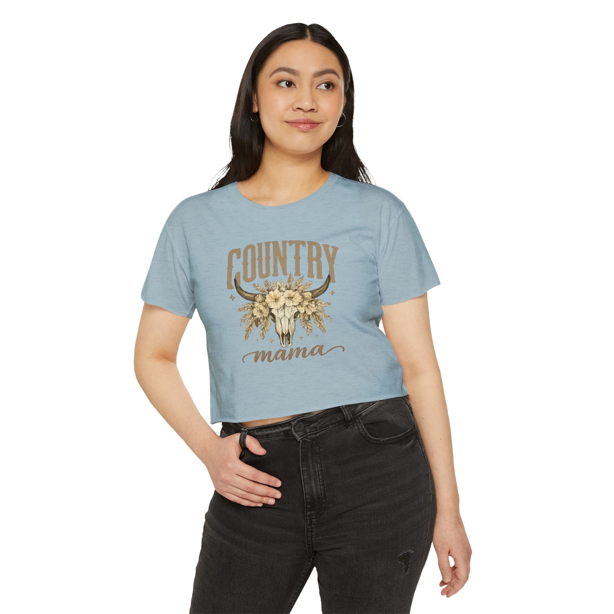 Country Mama Crop Top — Floral Bull Skull Festival Tee for Moms