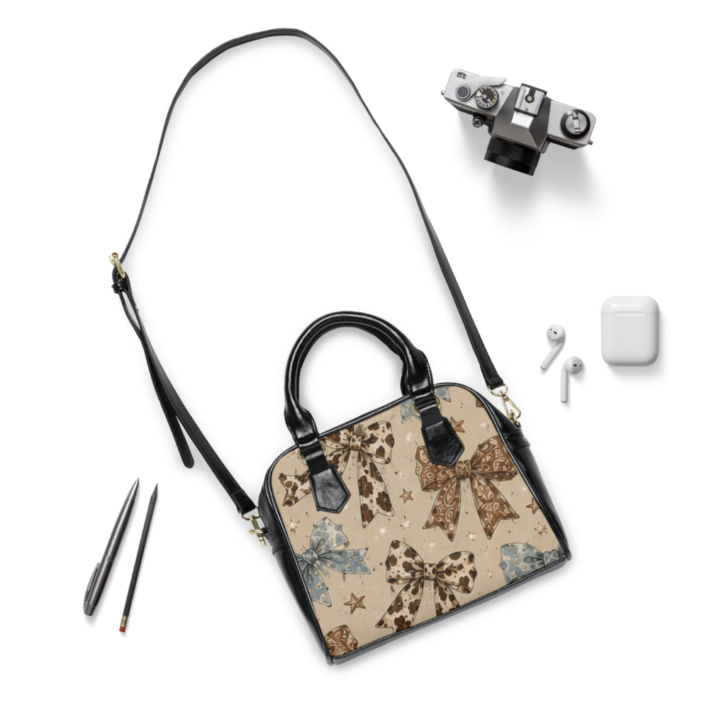 Bow Print Shoulder Handbag — Vintage Floral Ribbon Pattern Purse