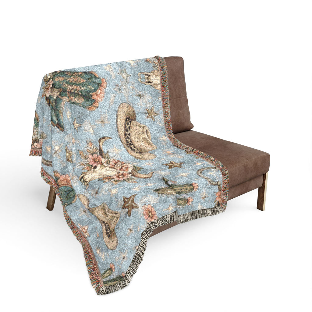 Cowboy Western Woven Blanket – Southwestern Boots, Cactus & Skull Throw