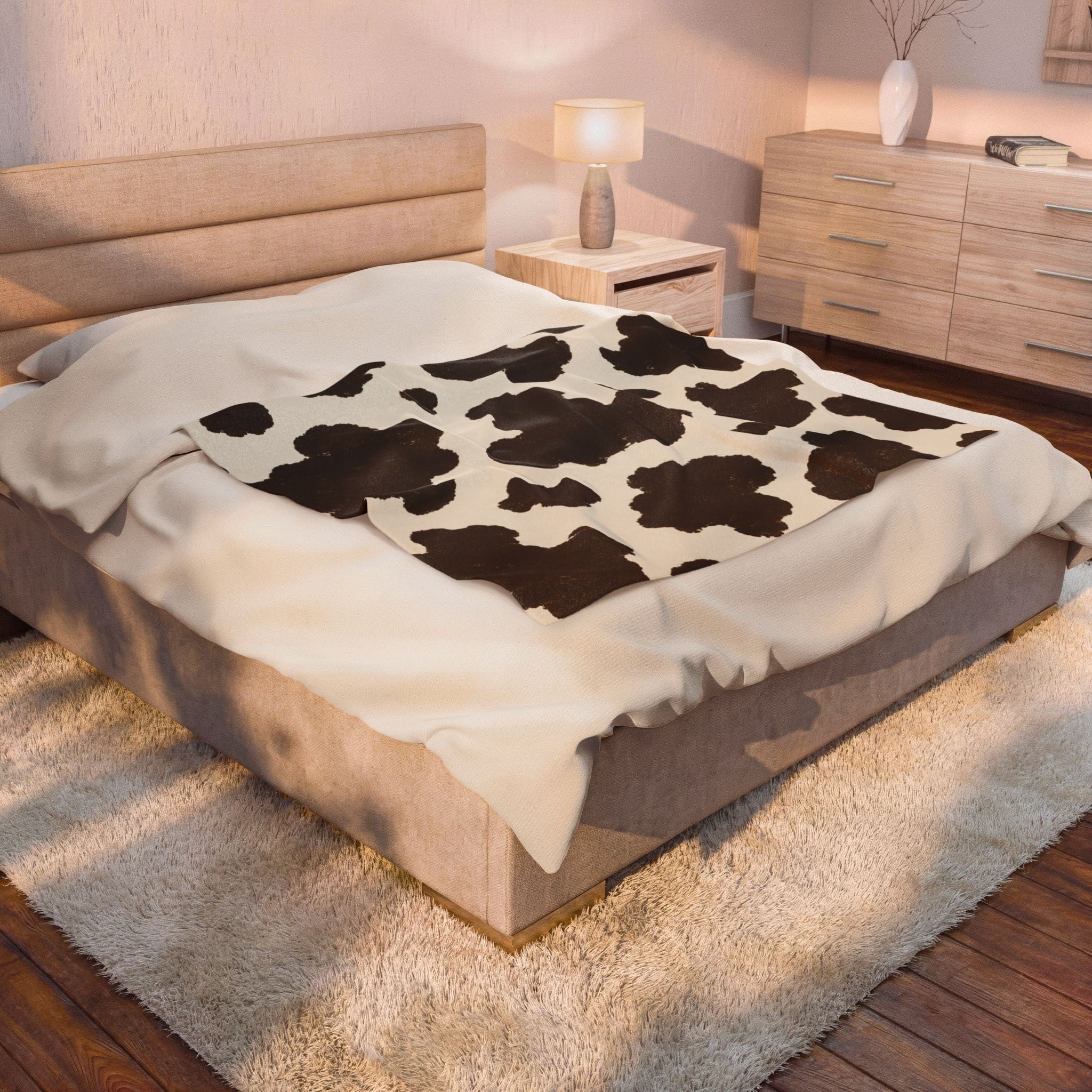Cowhide Print Velveteen Plush Blanket — Cozy Brown & Cream Throw