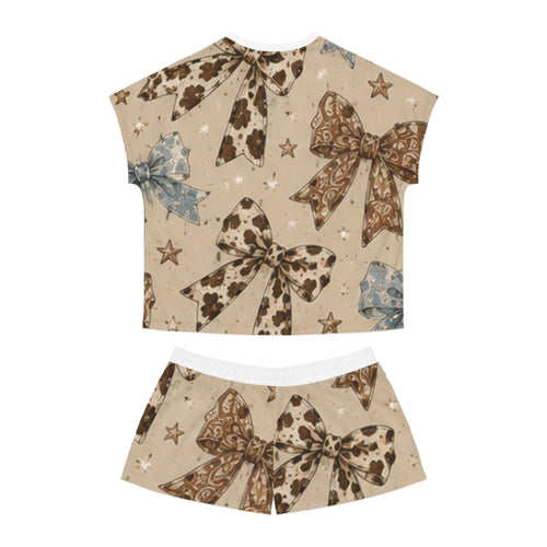 Bow Print Women's Short Pajama Set — Neutral Cowhide & Paisley Bows Sleepwear