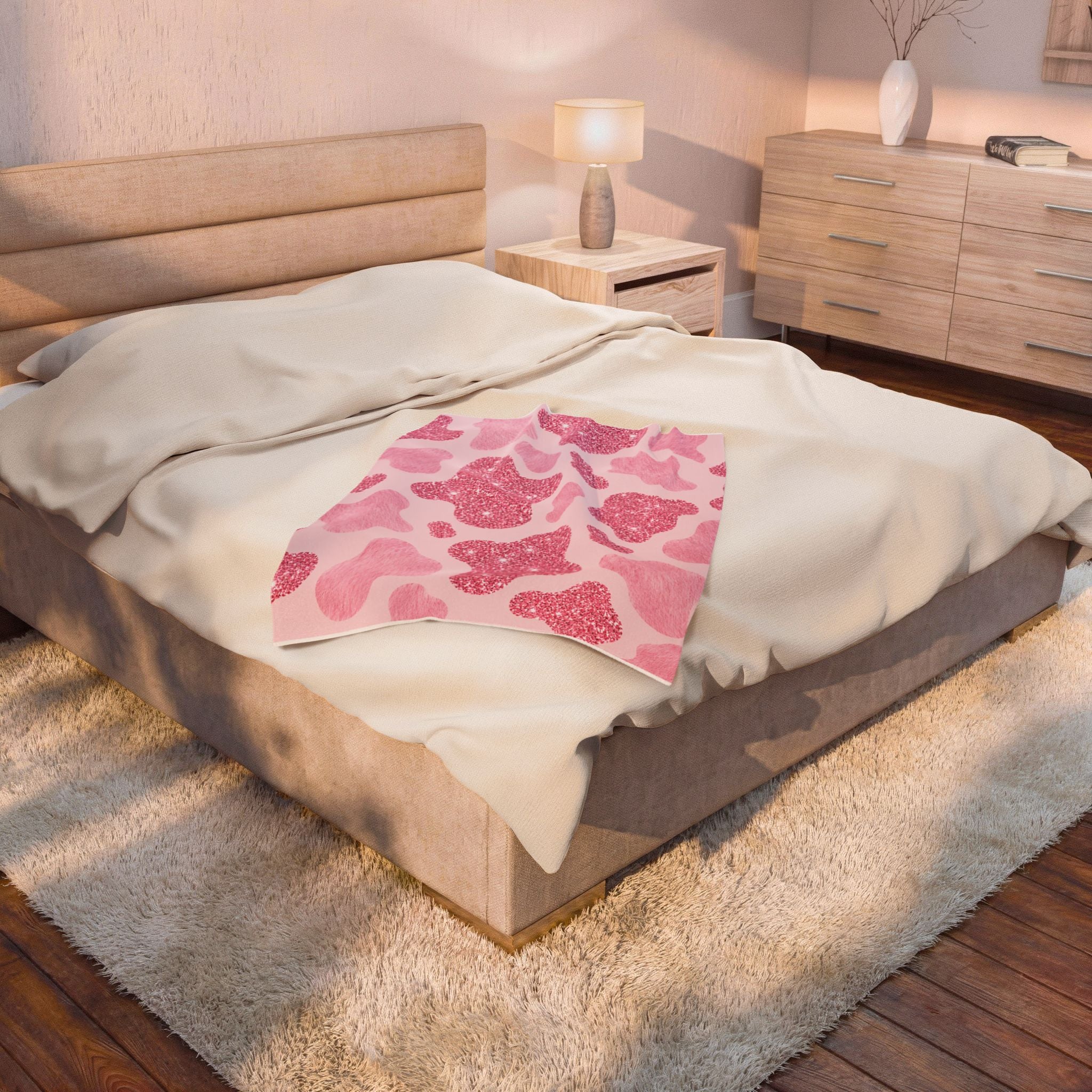 Pink Glitter Cow Print Velveteen Plush Blanket
