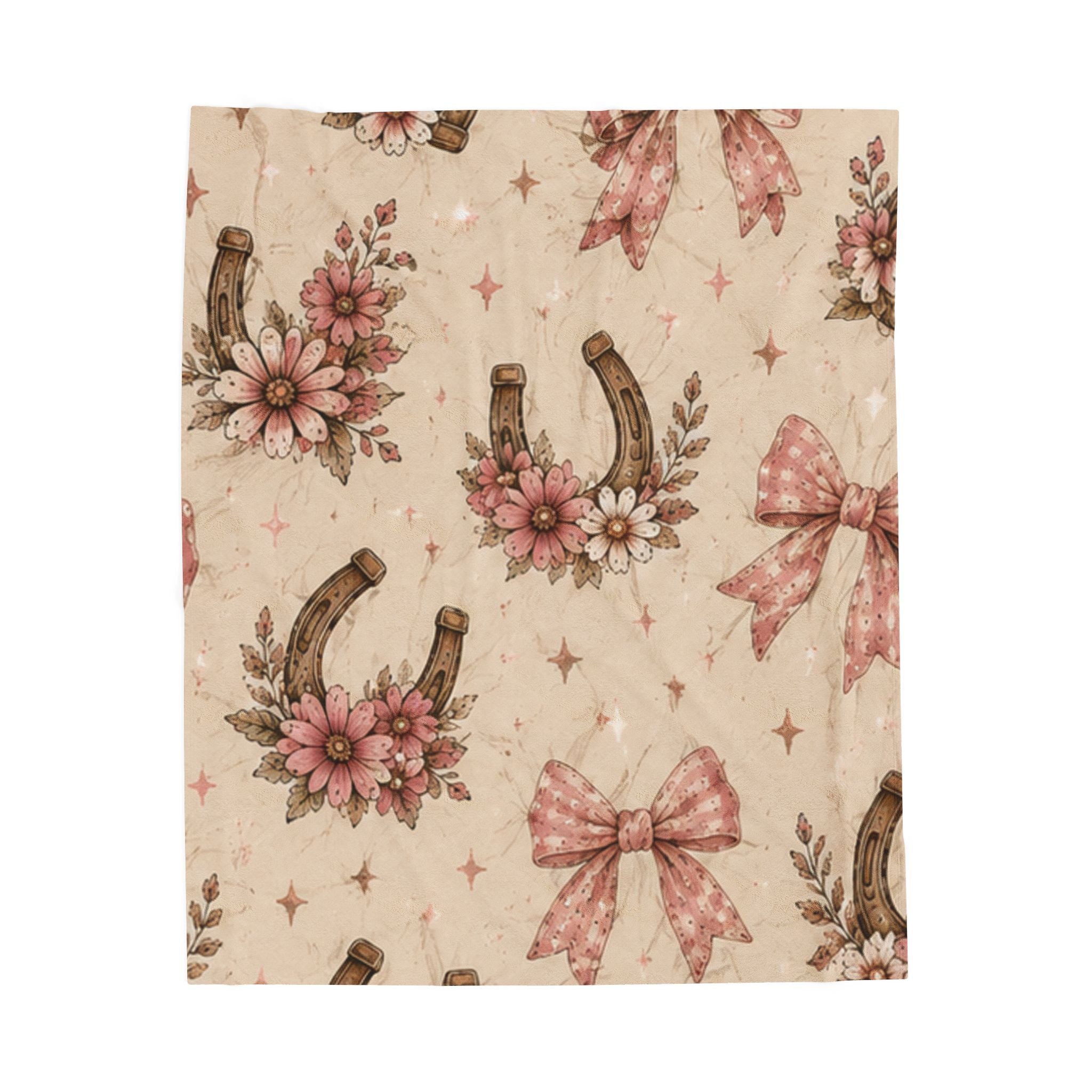 Velveteen Plush Blanket - Vintage Floral Horseshoe Throw with Pink Bows