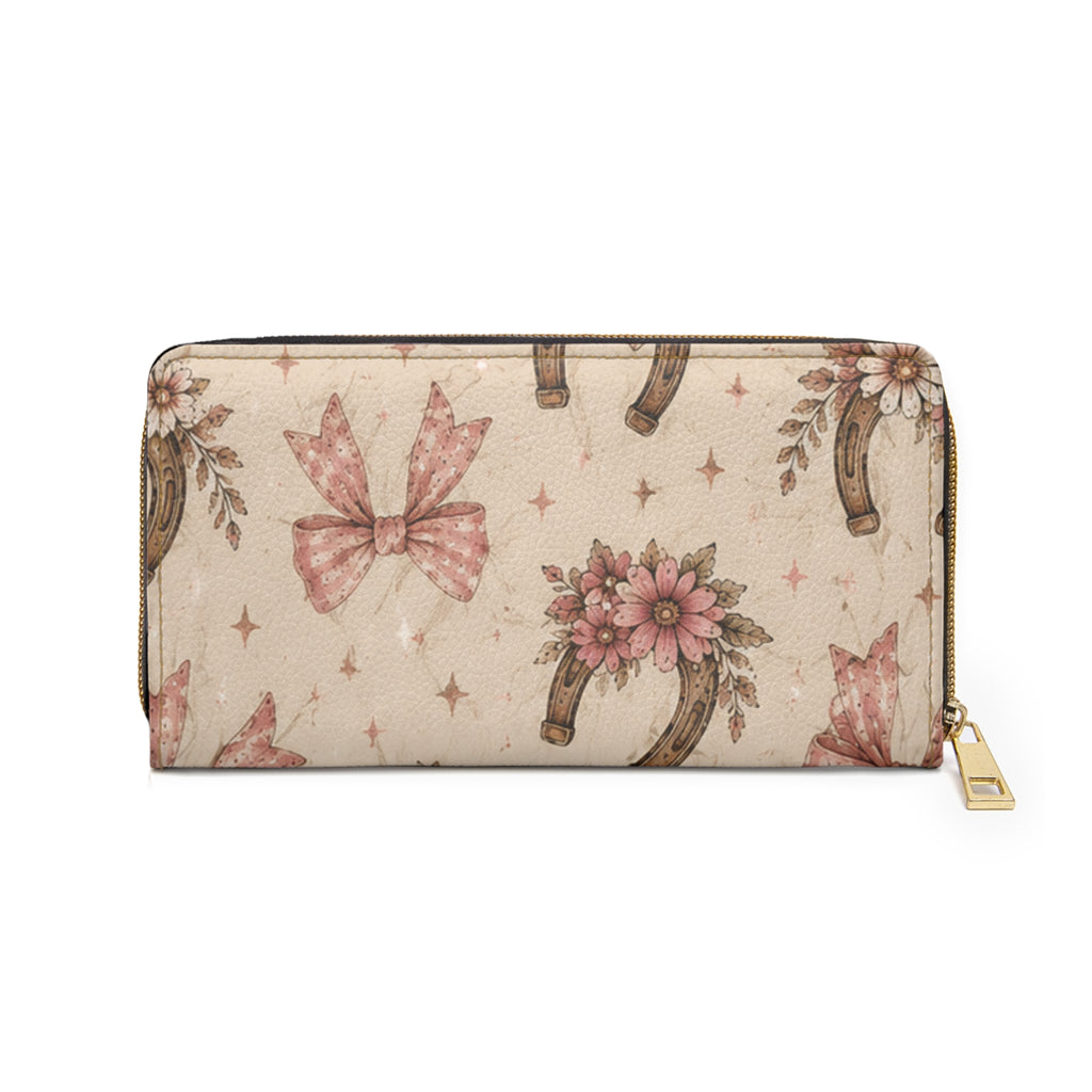 Floral Horseshoe Zip Wallet — Pink Vintage Bow & Daisy Pattern