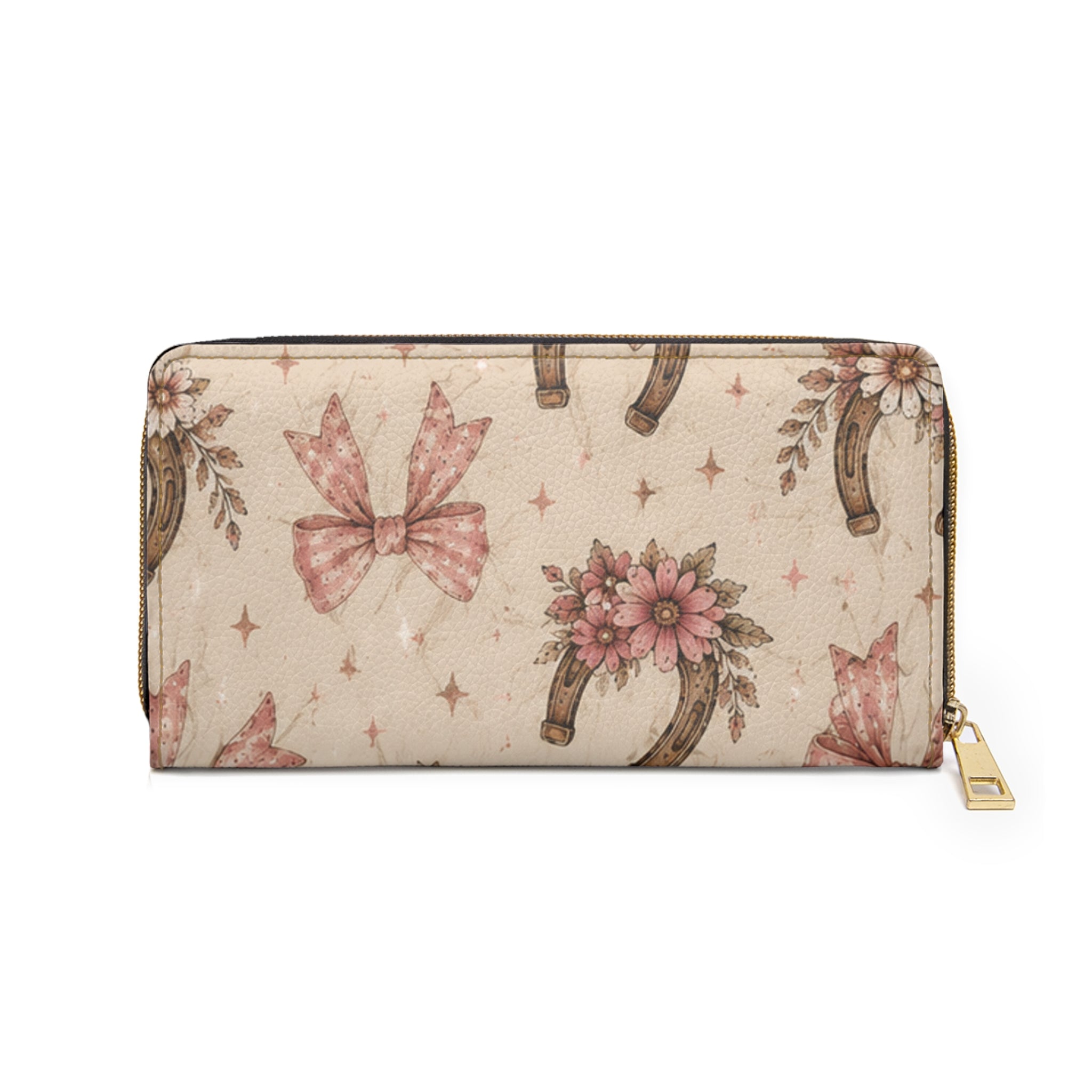 Floral Horseshoe Zip Wallet — Pink Vintage Bow & Daisy Pattern