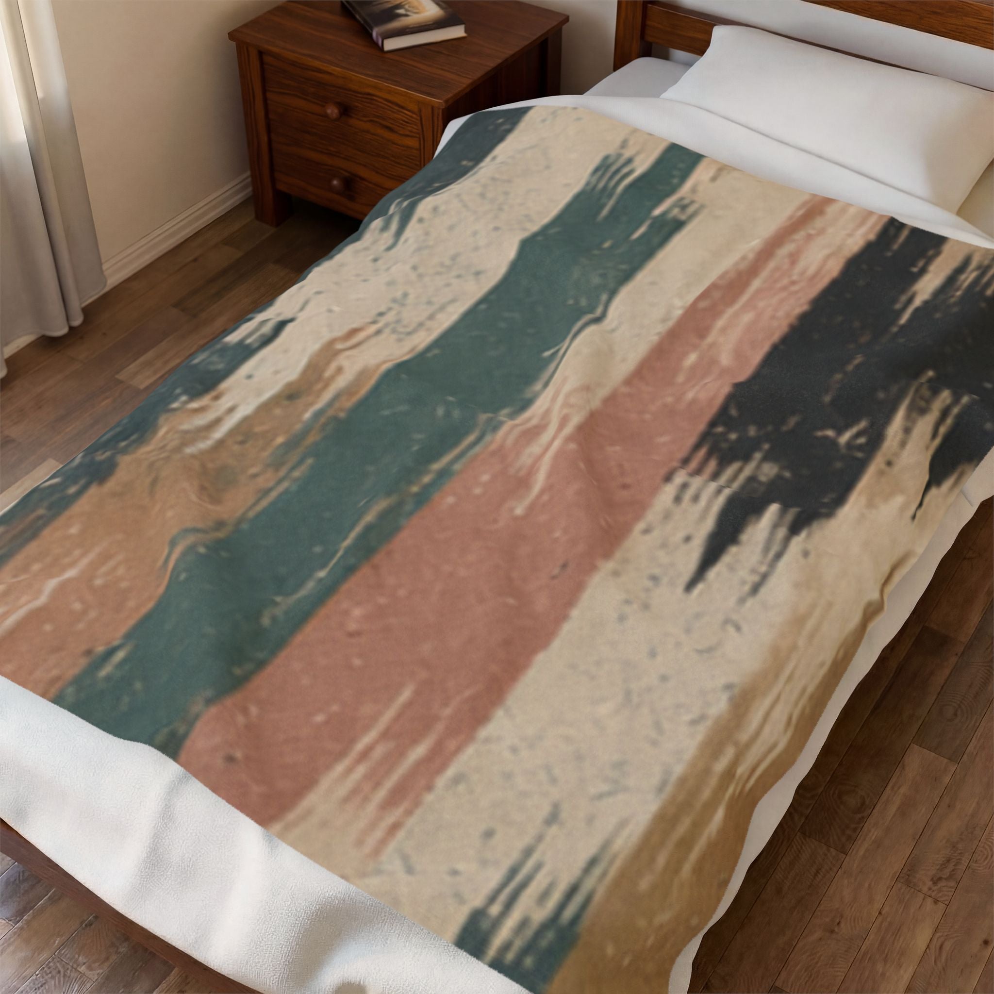 Rustic Striped Velveteen Plush Blanket — Vintage Earth Tones Cozy Throw