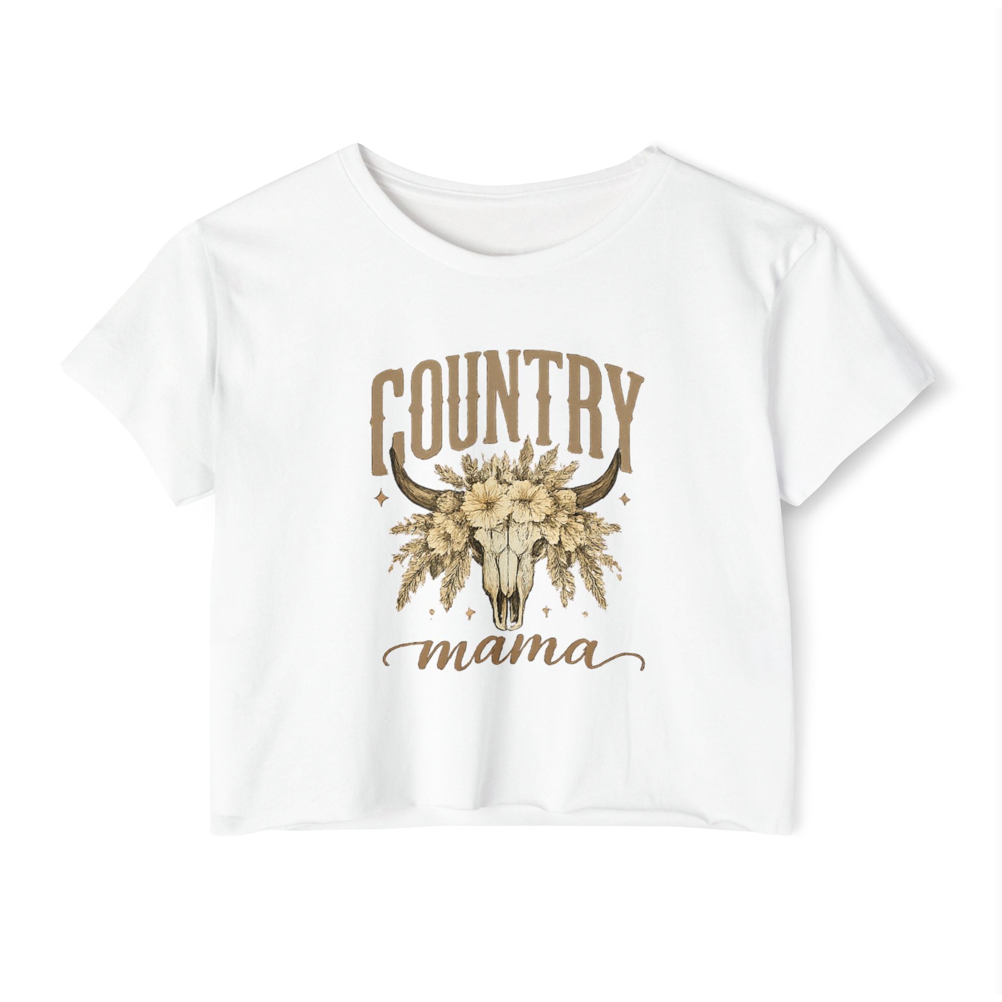 Country Mama Crop Top — Floral Bull Skull Festival Tee for Moms