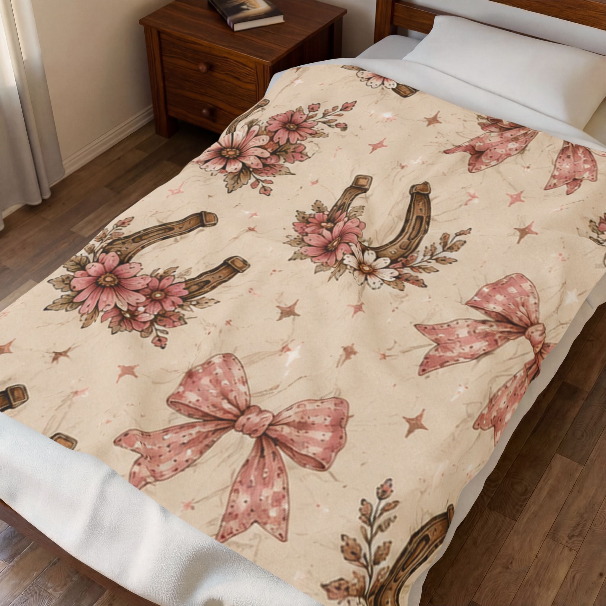 Velveteen Plush Blanket - Vintage Floral Horseshoe Throw with Pink Bows