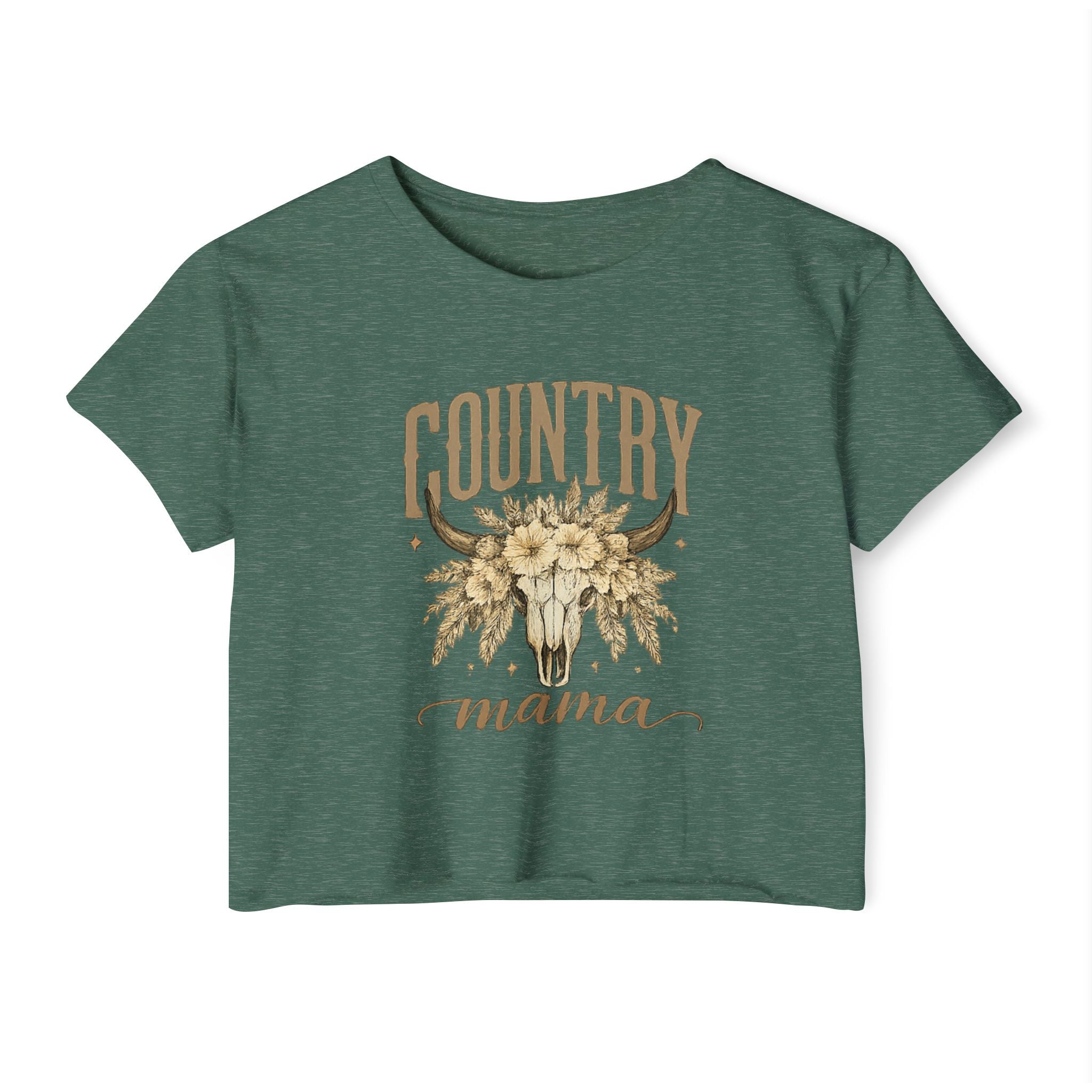 Country Mama Crop Top — Floral Bull Skull Festival Tee for Moms