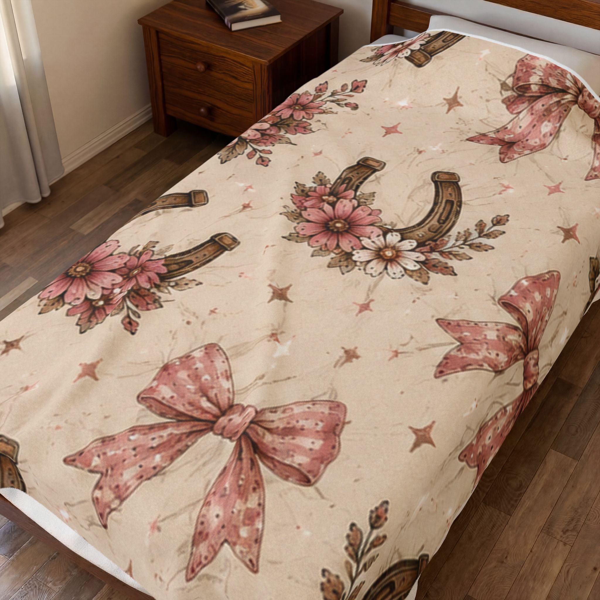 Velveteen Plush Blanket - Vintage Floral Horseshoe Throw with Pink Bows