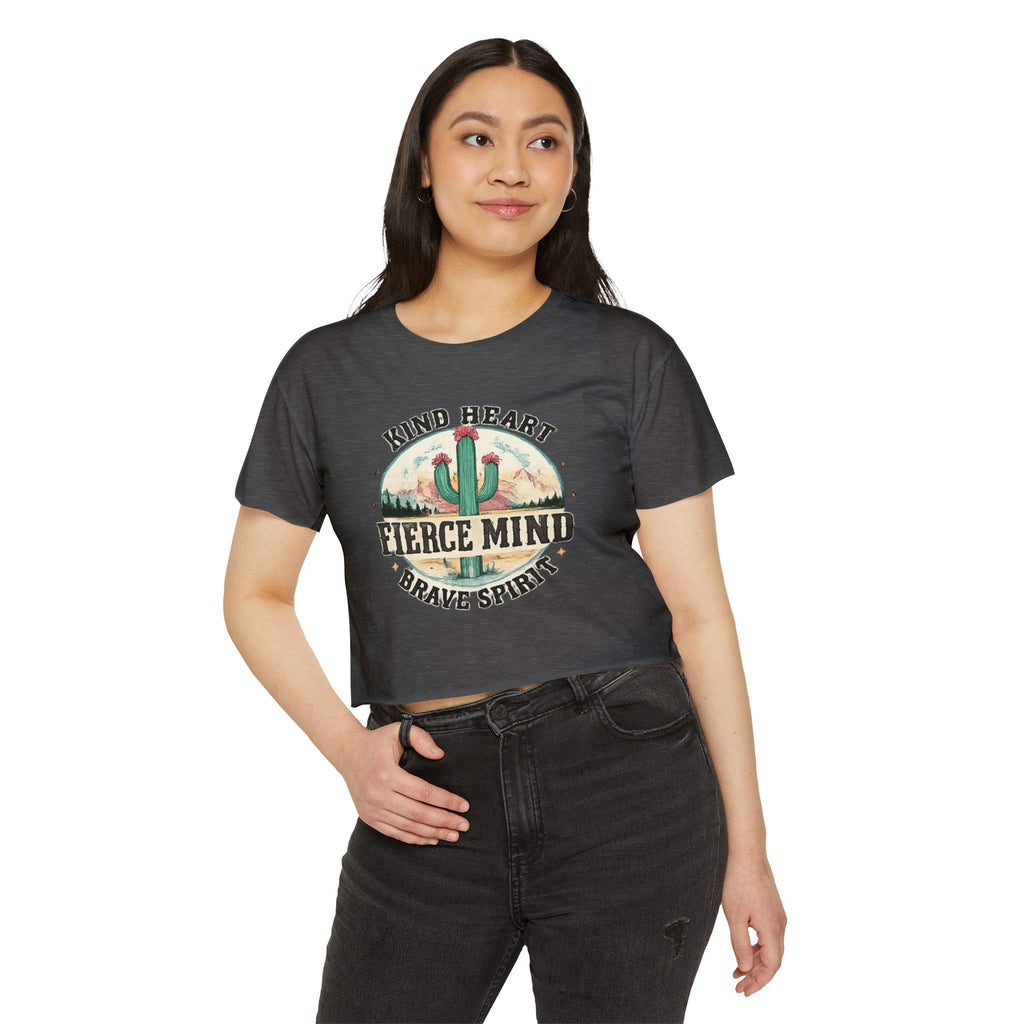 Women's Festival Crop Top — "Kind Heart, Fierce Mind" Cactus Graphic Crop Tee