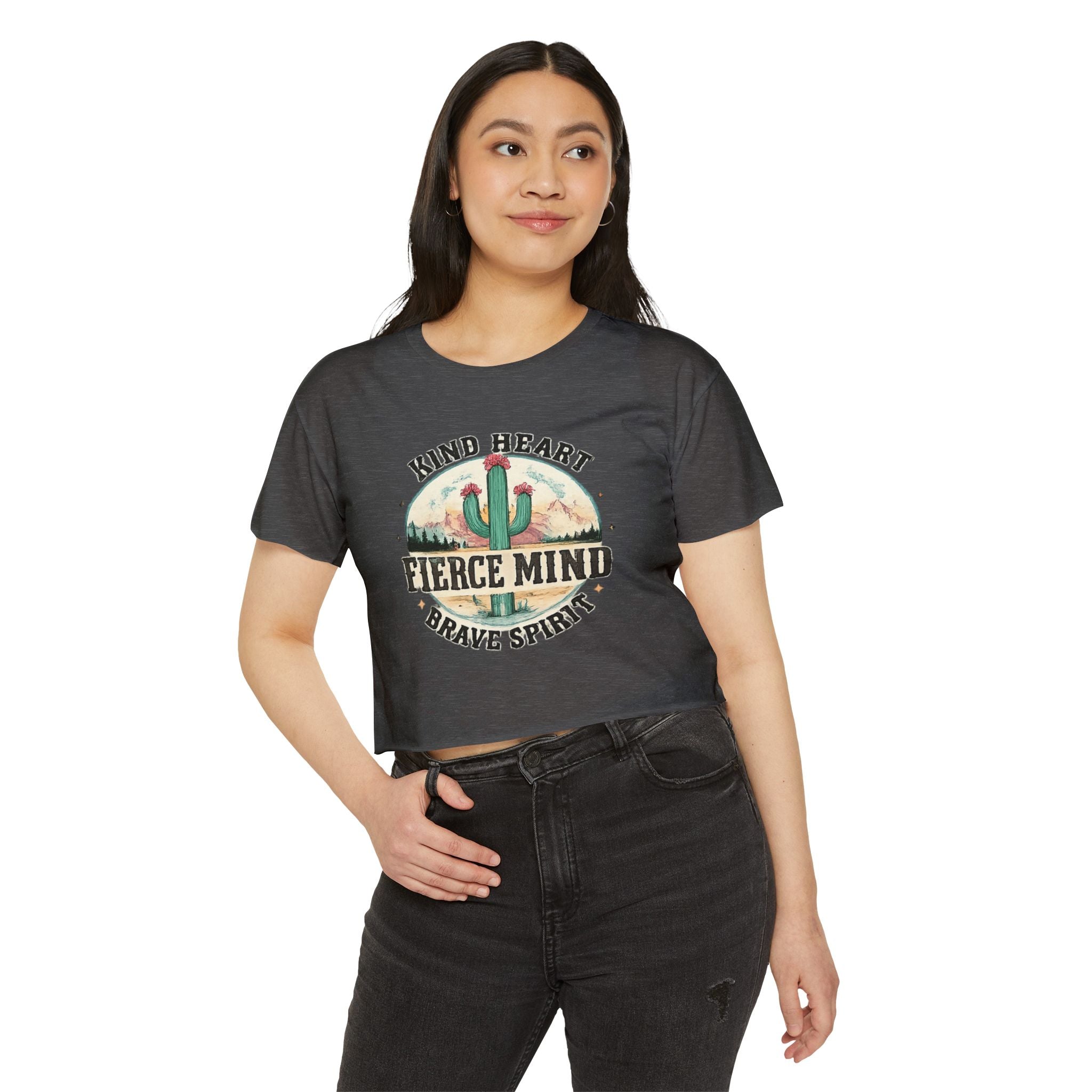 Women's Festival Crop Top — "Kind Heart, Fierce Mind" Cactus Graphic Crop Tee