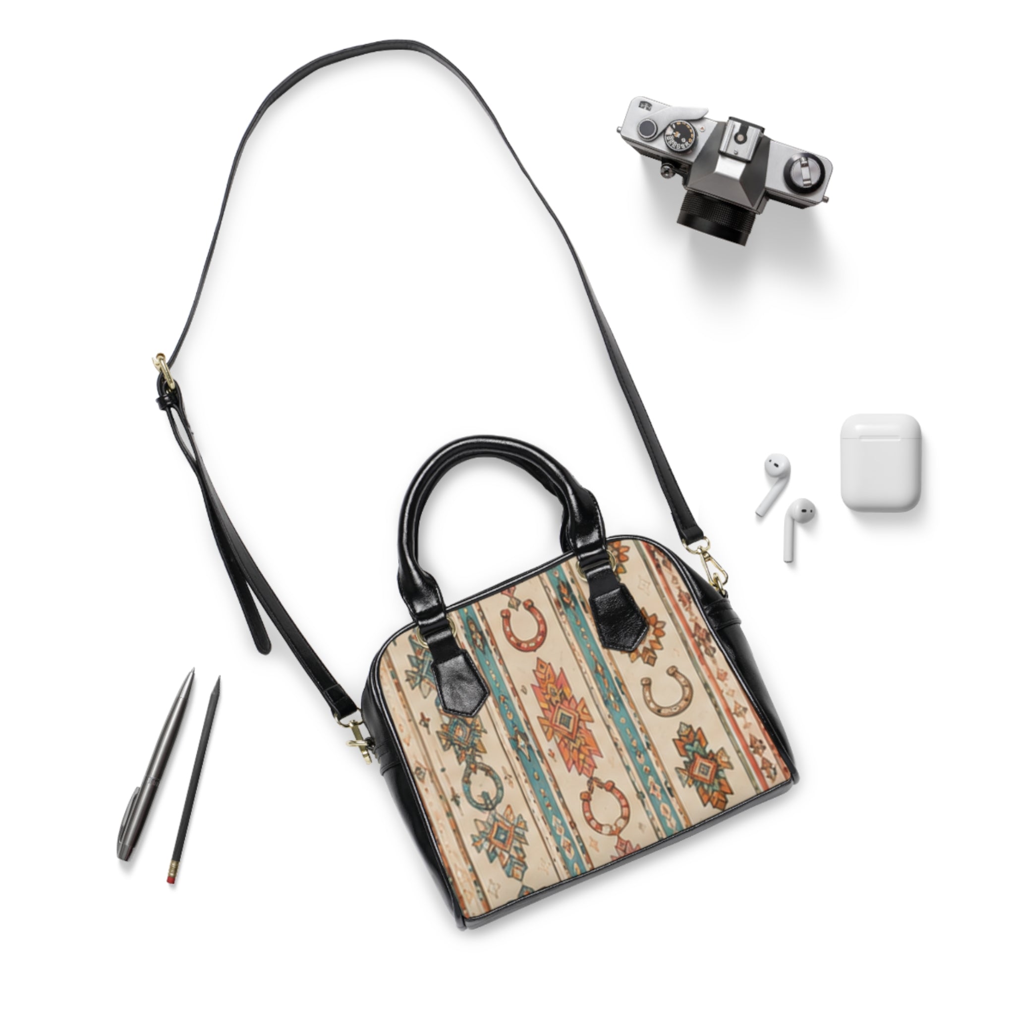 Southwestern Horseshoe Pattern Shoulder Handbag – Boho Western Tote