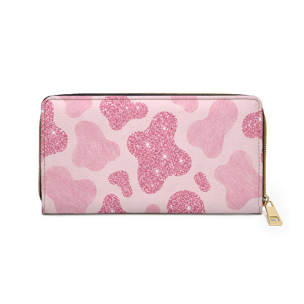Pink Glitter Cow Print Zipper Wallet — Sparkly Vegan Leather Card & Cash Organizer