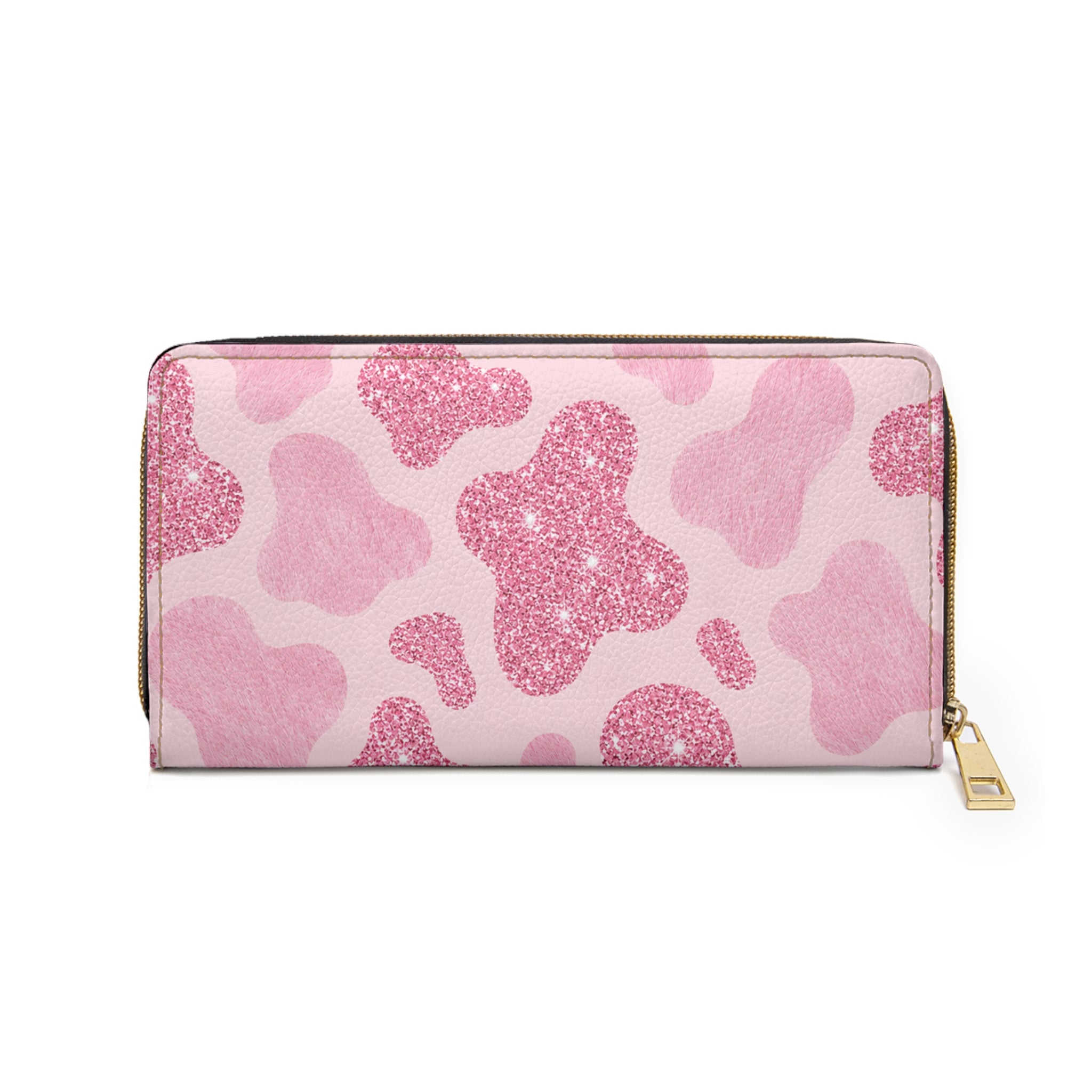 Pink Glitter Cow Print Zipper Wallet — Sparkly Vegan Leather Card & Cash Organizer