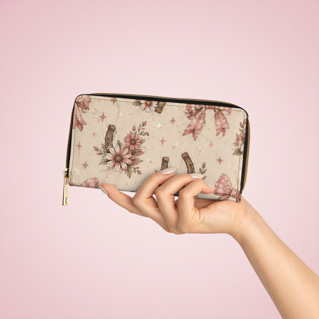 Floral Horseshoe Zip Wallet — Pink Vintage Bow & Daisy Pattern