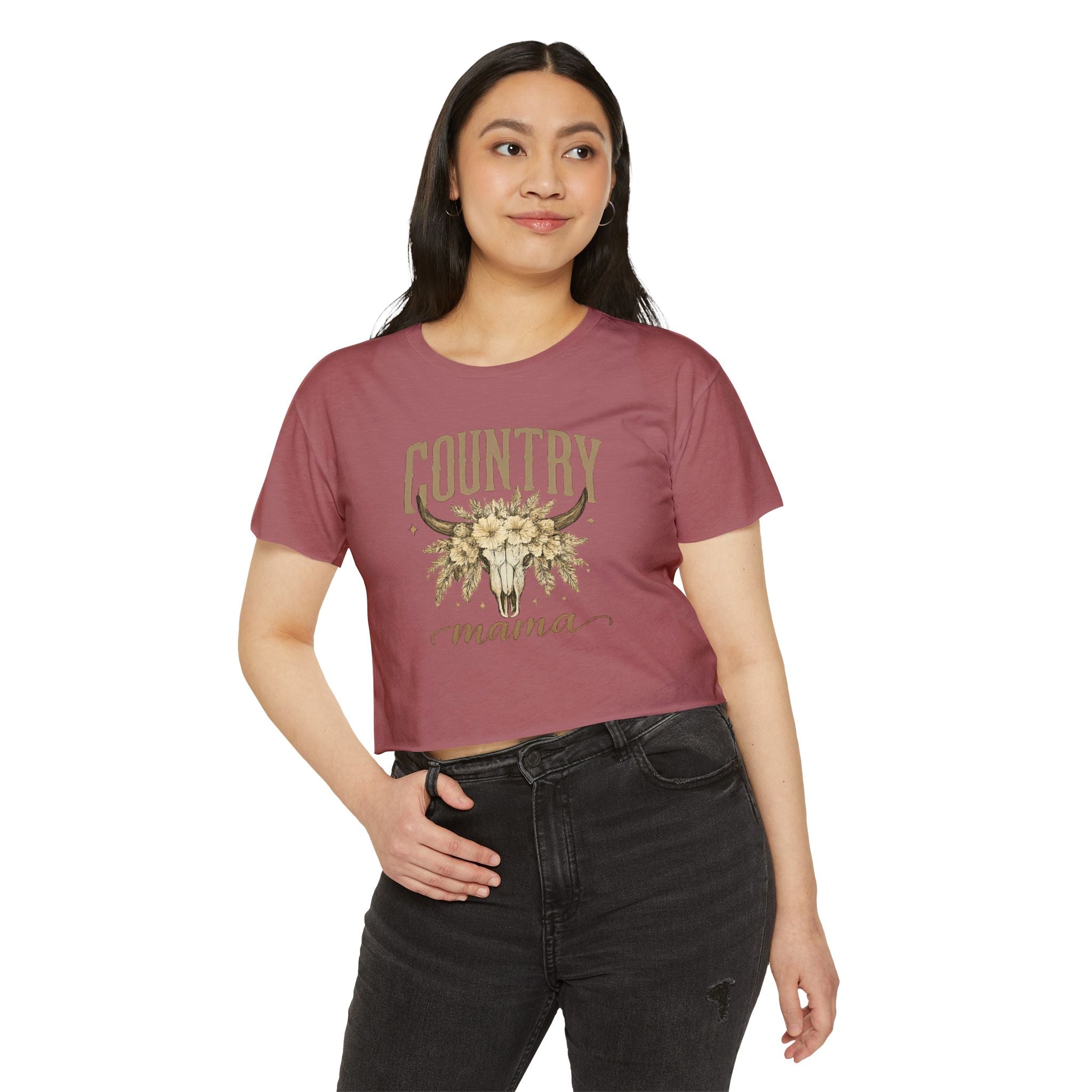 Country Mama Crop Top — Floral Bull Skull Festival Tee for Moms