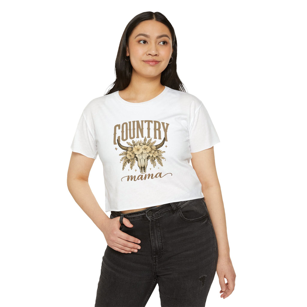 Country Mama Crop Top — Floral Bull Skull Festival Tee for Moms