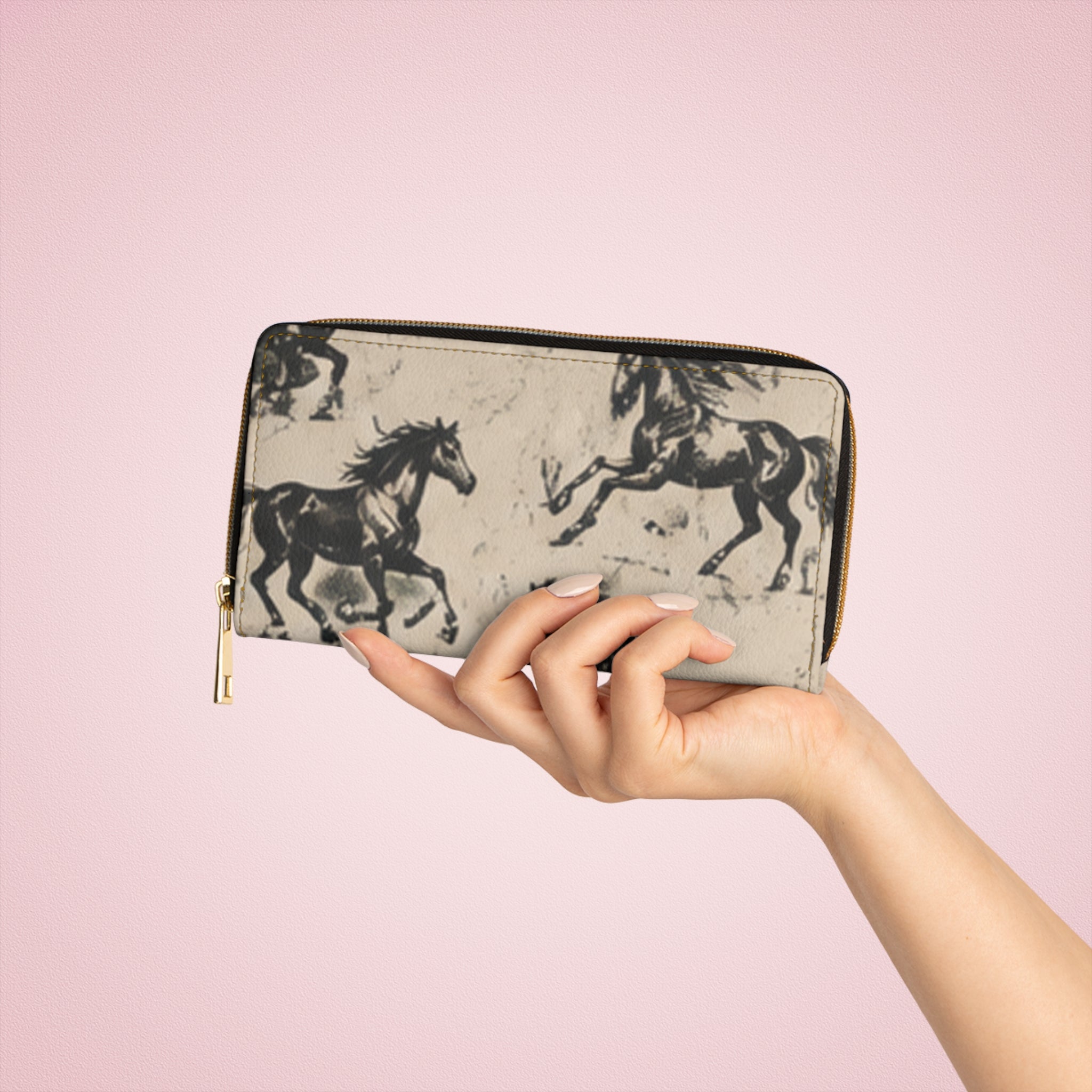 Horse Print Zipper Wallet — Vintage Sketch Galloping Horses Long Wallet