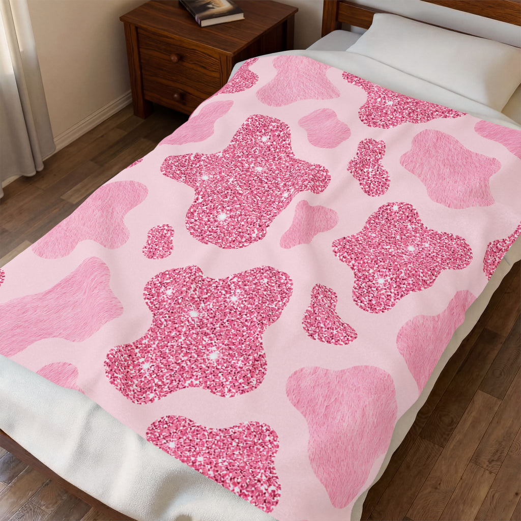Pink Glitter Cow Print Velveteen Plush Blanket