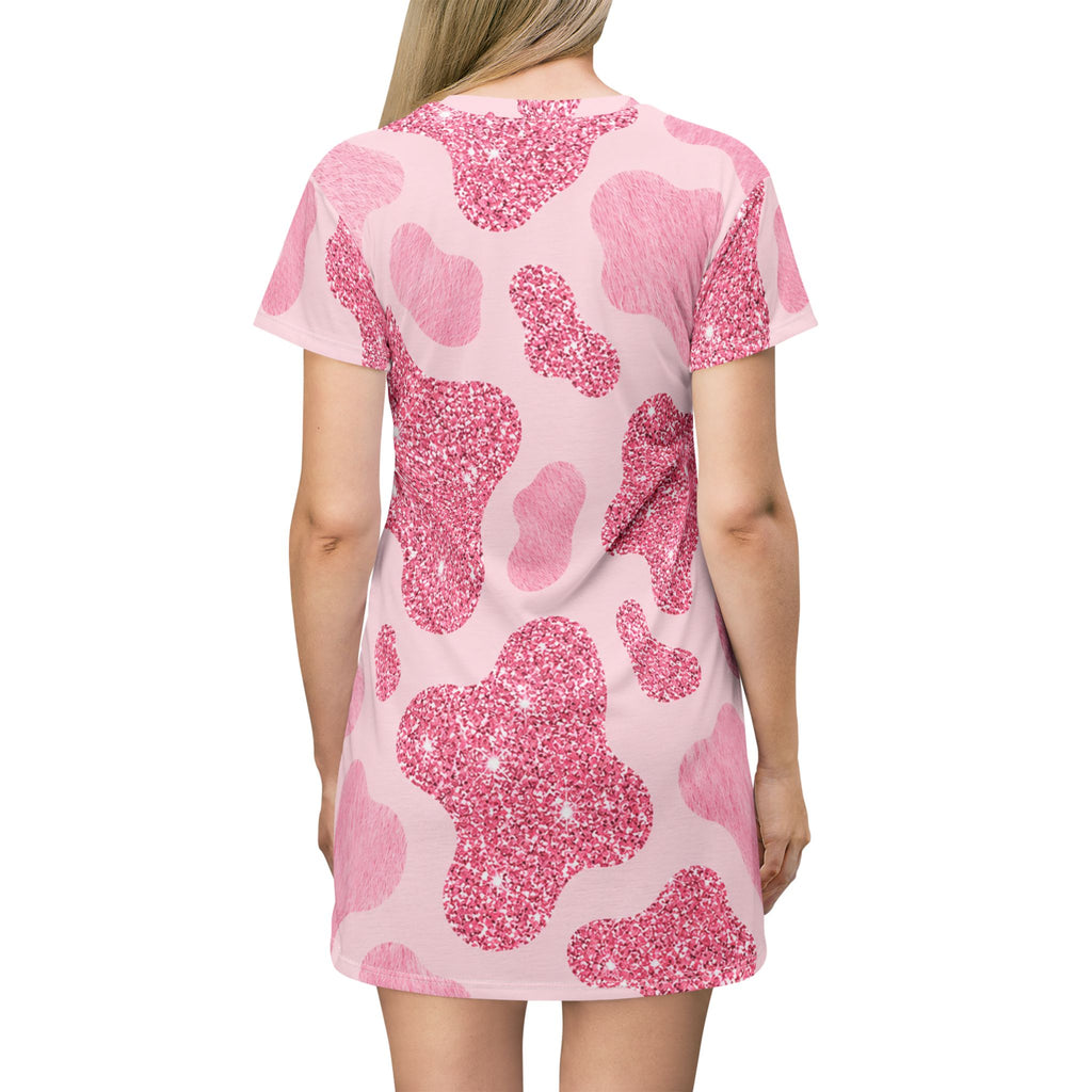 Pink Glitter Cow Print T-Shirt Dress – All-Over Print Cute Cowhide Pattern