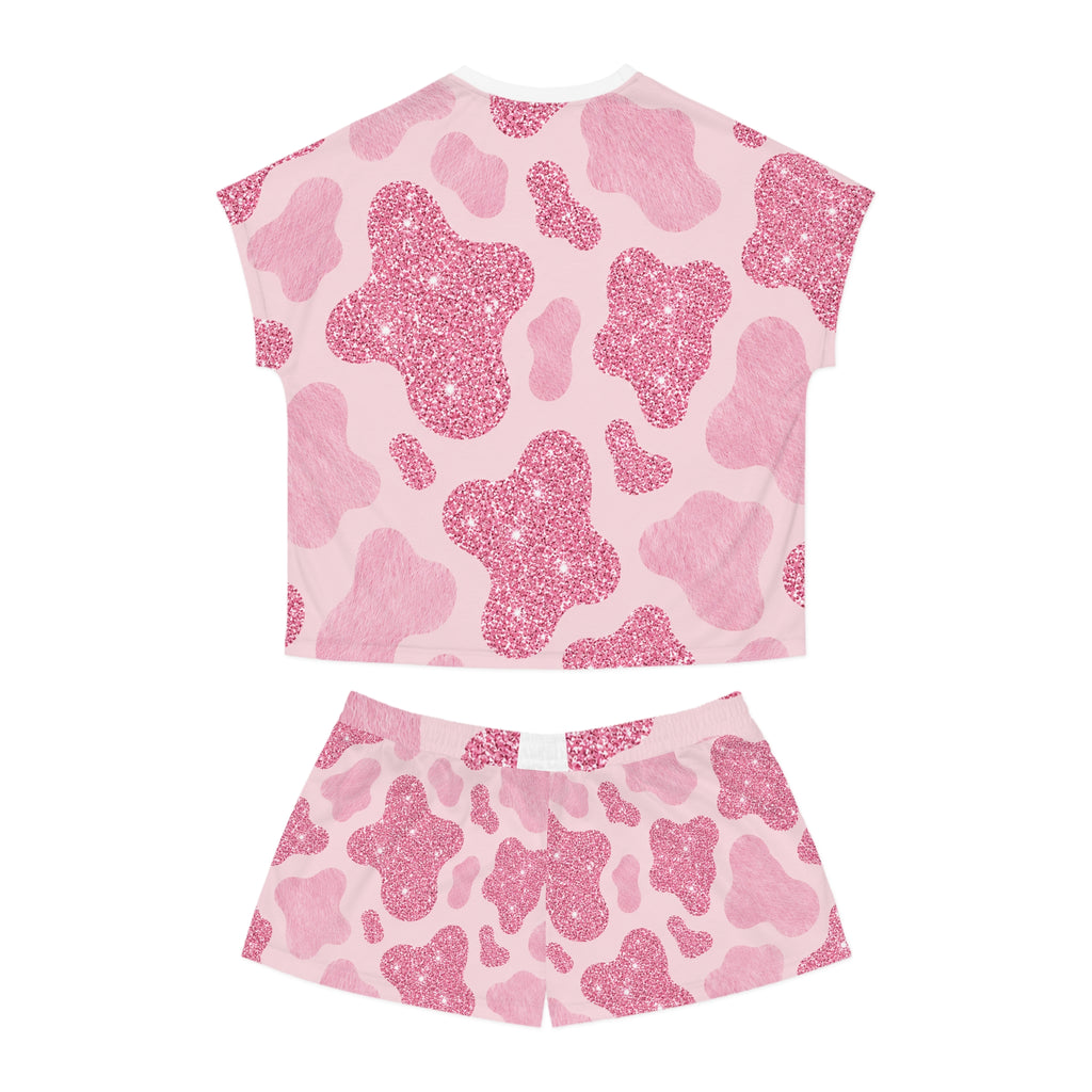 Pink Glitter Cow Print Women's Pajama Set - Cute Short Sleepwear