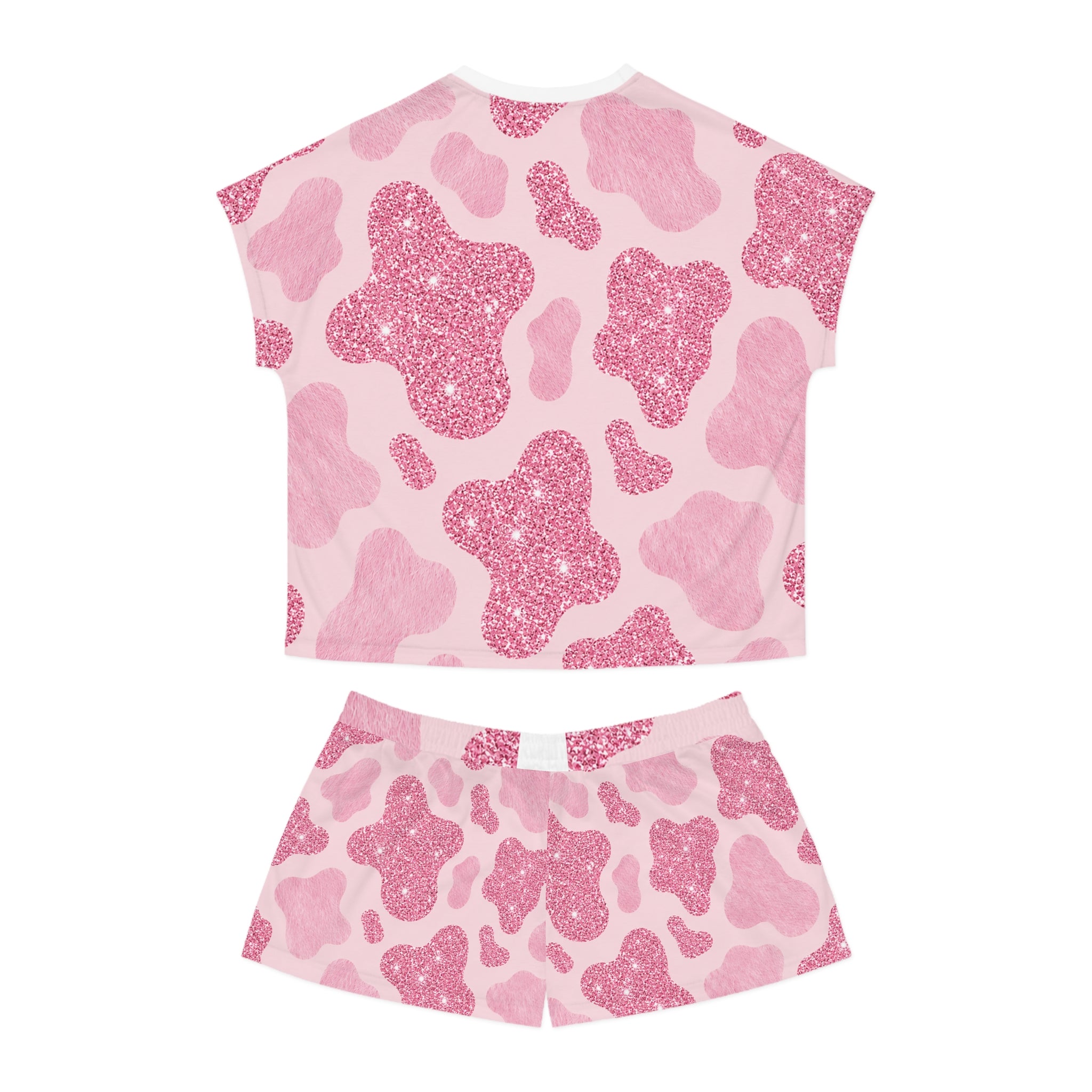 Pink Glitter Cow Print Women's Pajama Set - Cute Short Sleepwear