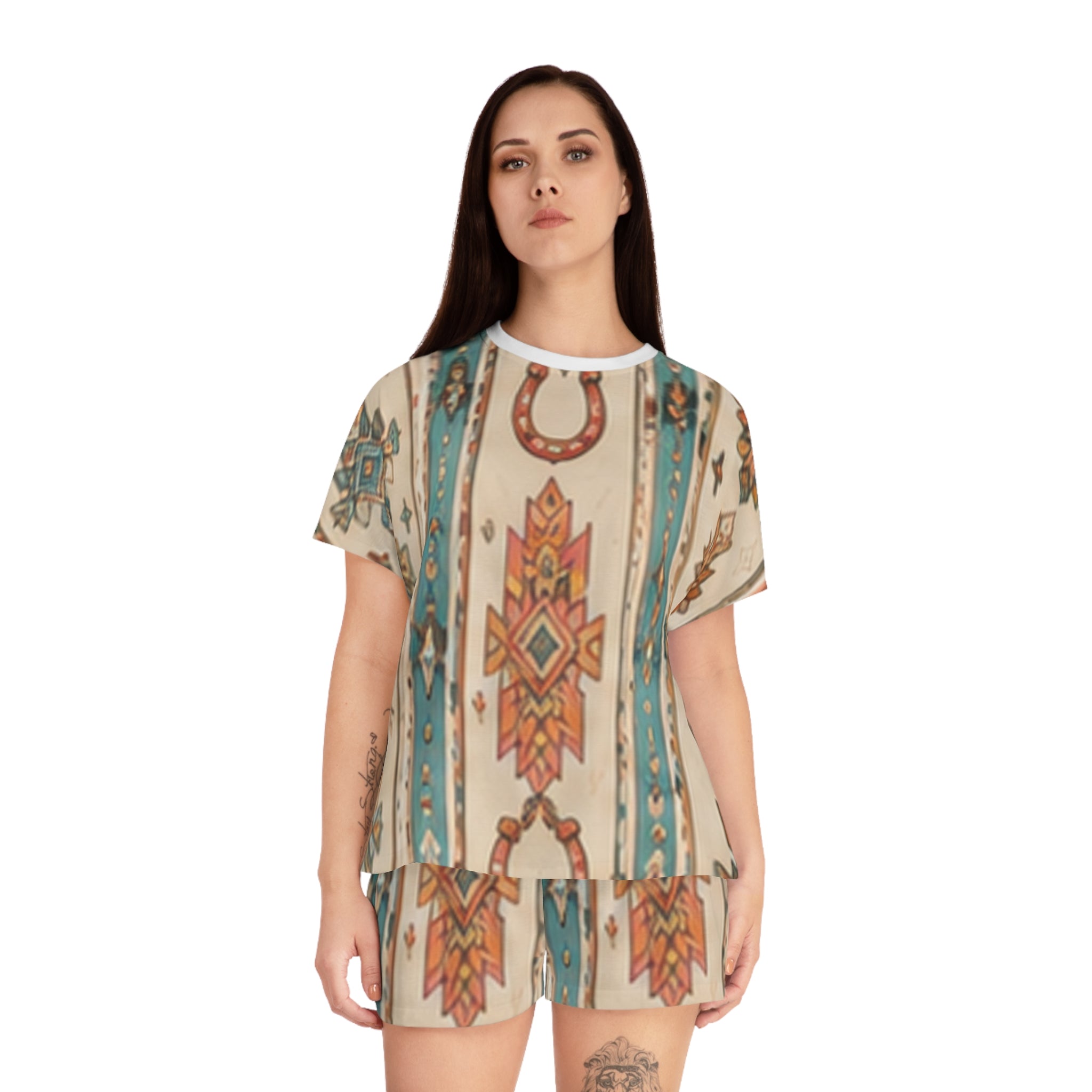 Southwestern Horseshoe Print Women's Pajama Set — Cozy Short Sleepwear