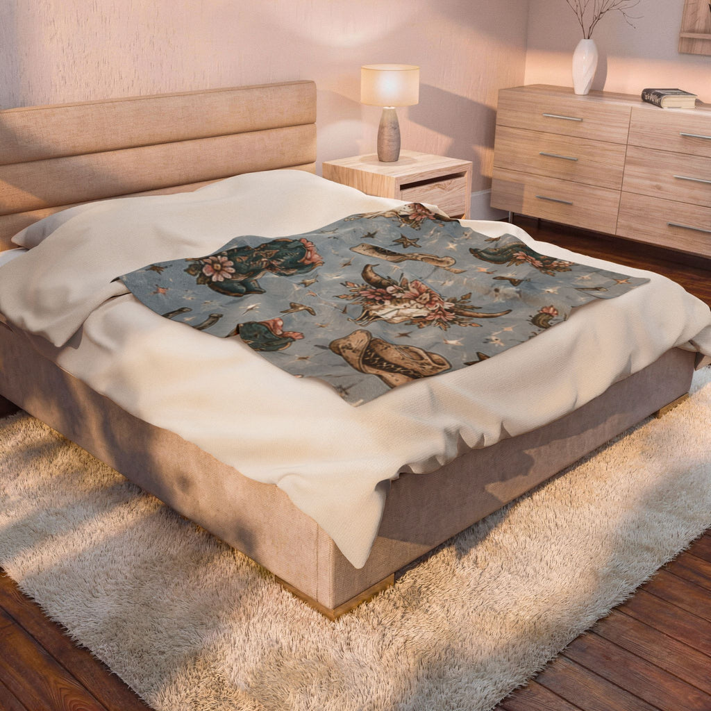 Western Floral Cow Skull Velveteen Plush Blanket — Cowboy Hat & Boots Pattern