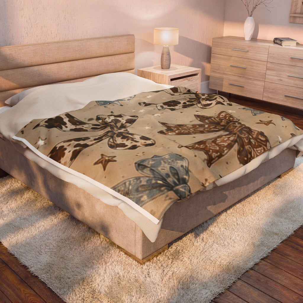 Cowgirl Bow Velveteen Plush Blanket — Western Cowhide Bow Pattern Throw