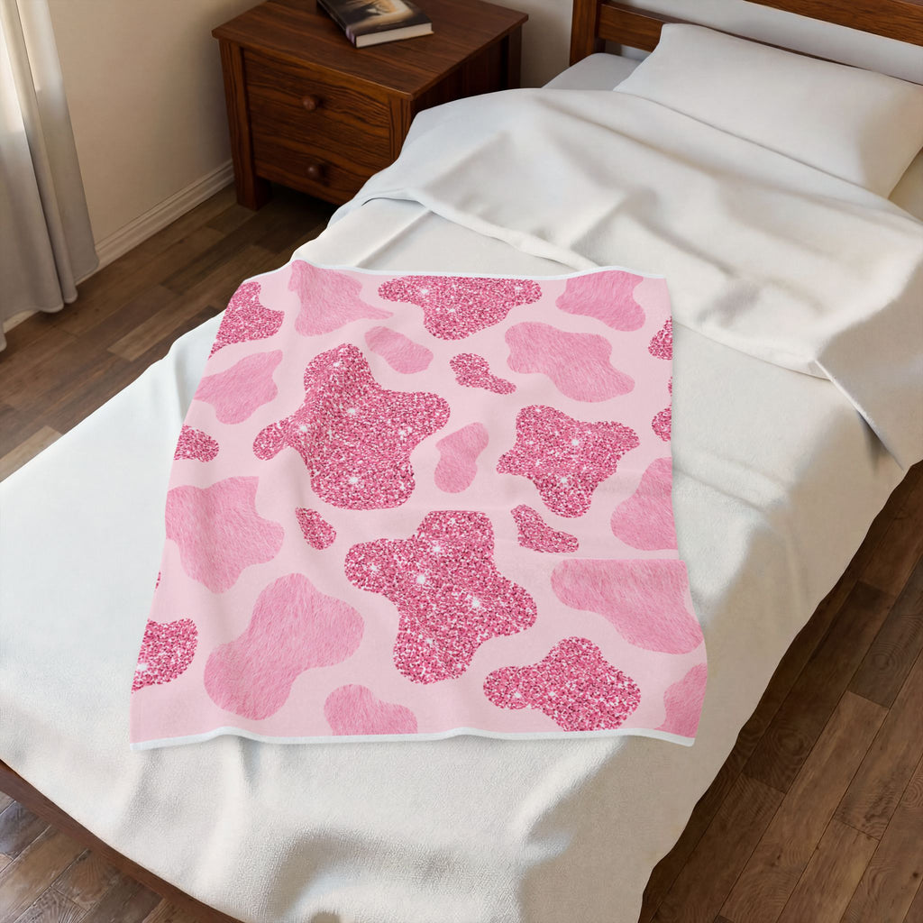 Pink Glitter Cow Print Velveteen Plush Blanket