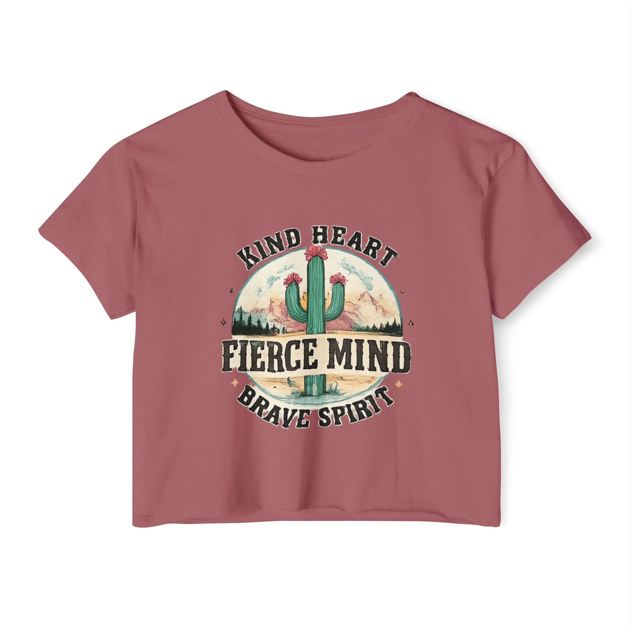 Women's Festival Crop Top — "Kind Heart, Fierce Mind" Cactus Graphic Crop Tee