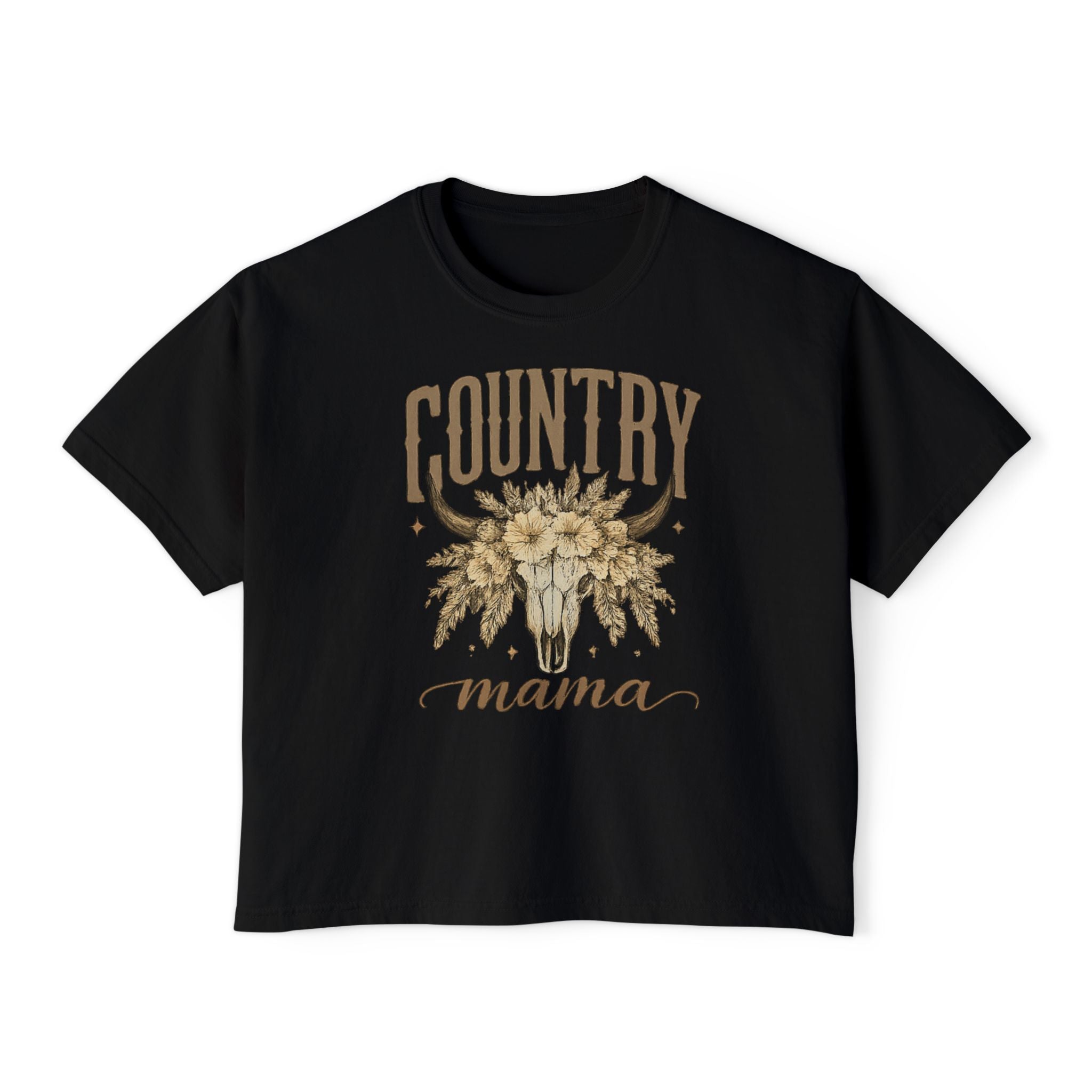 Country Mama Boxy Tee — Floral Bull Skull Graphic Tee for Moms