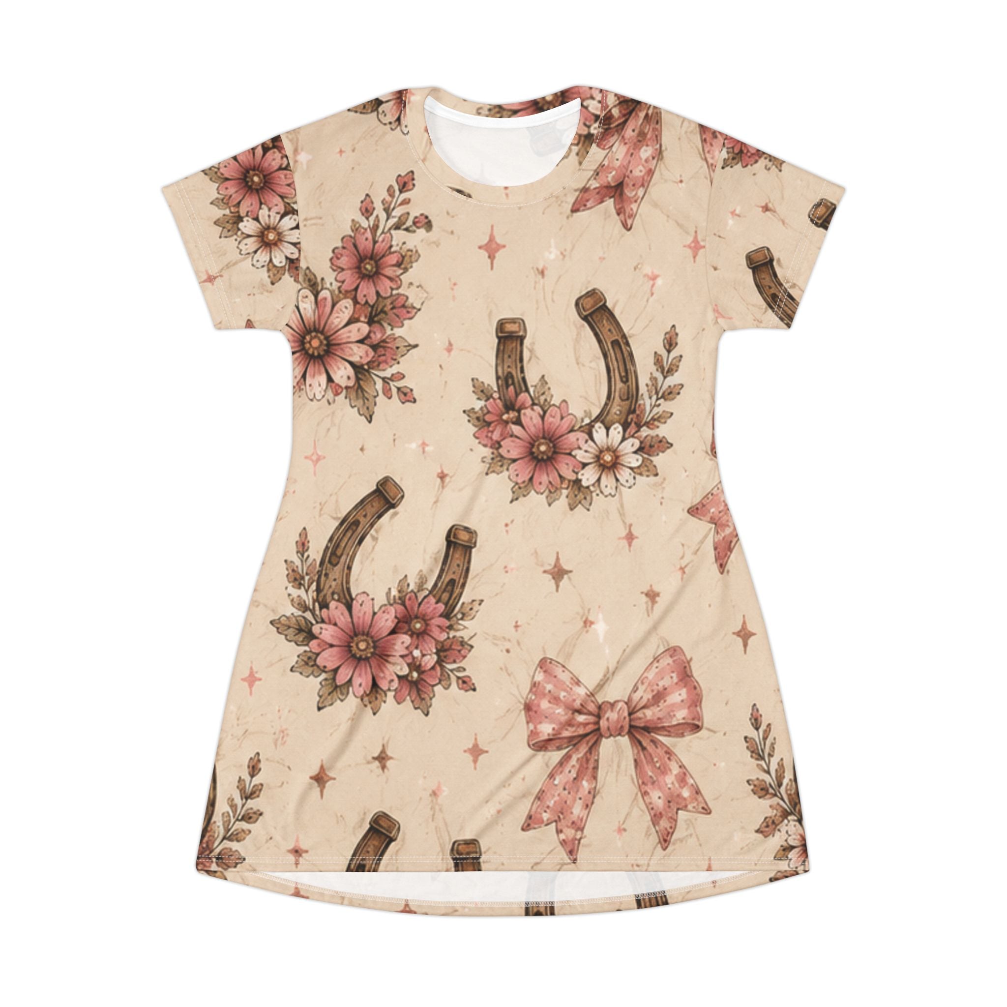 Floral Horseshoe T‑Shirt Dress – Vintage Cowgirl Bow Print