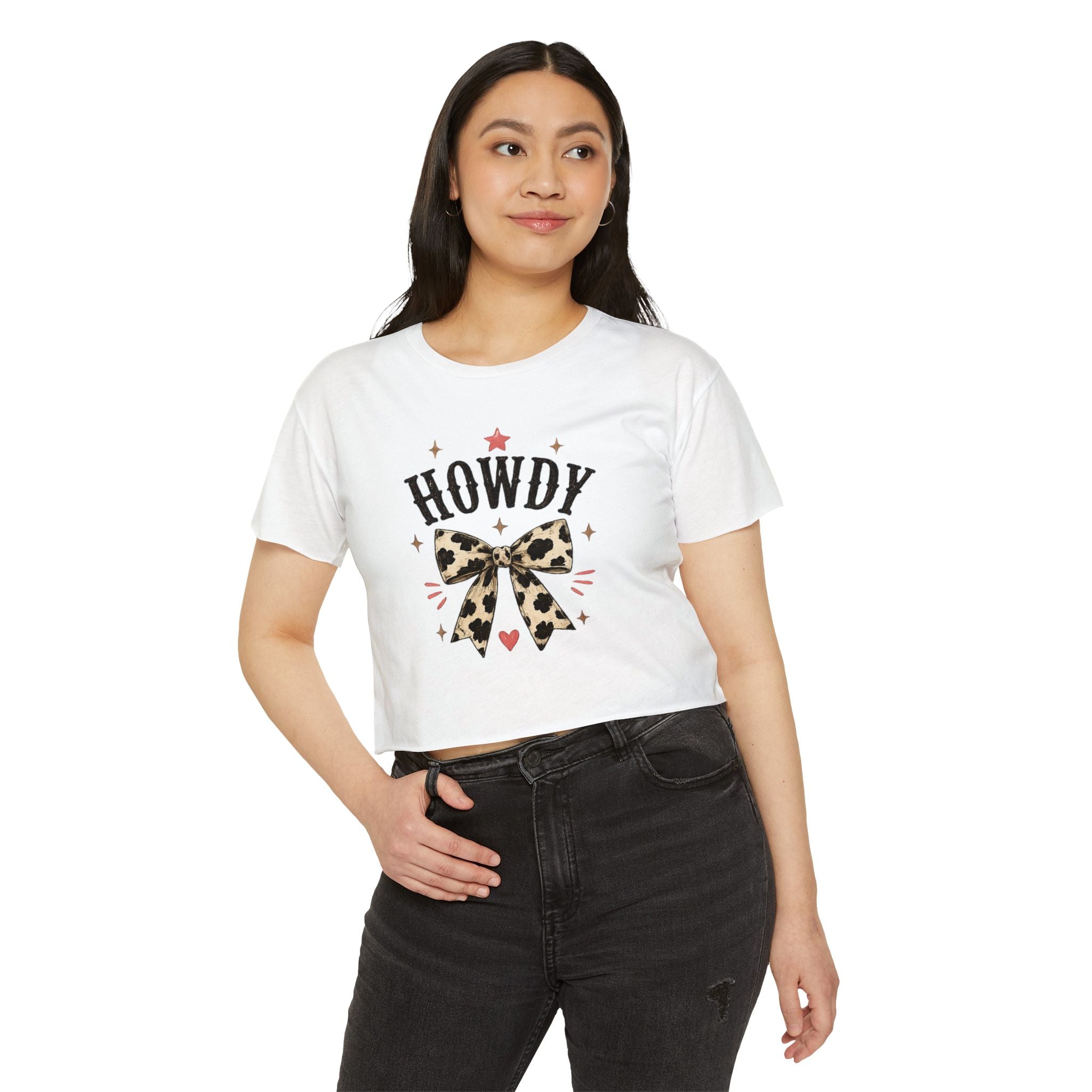 Howdy Leopard Bow Crop Top — Western Graphic Festival Shirt for Women
