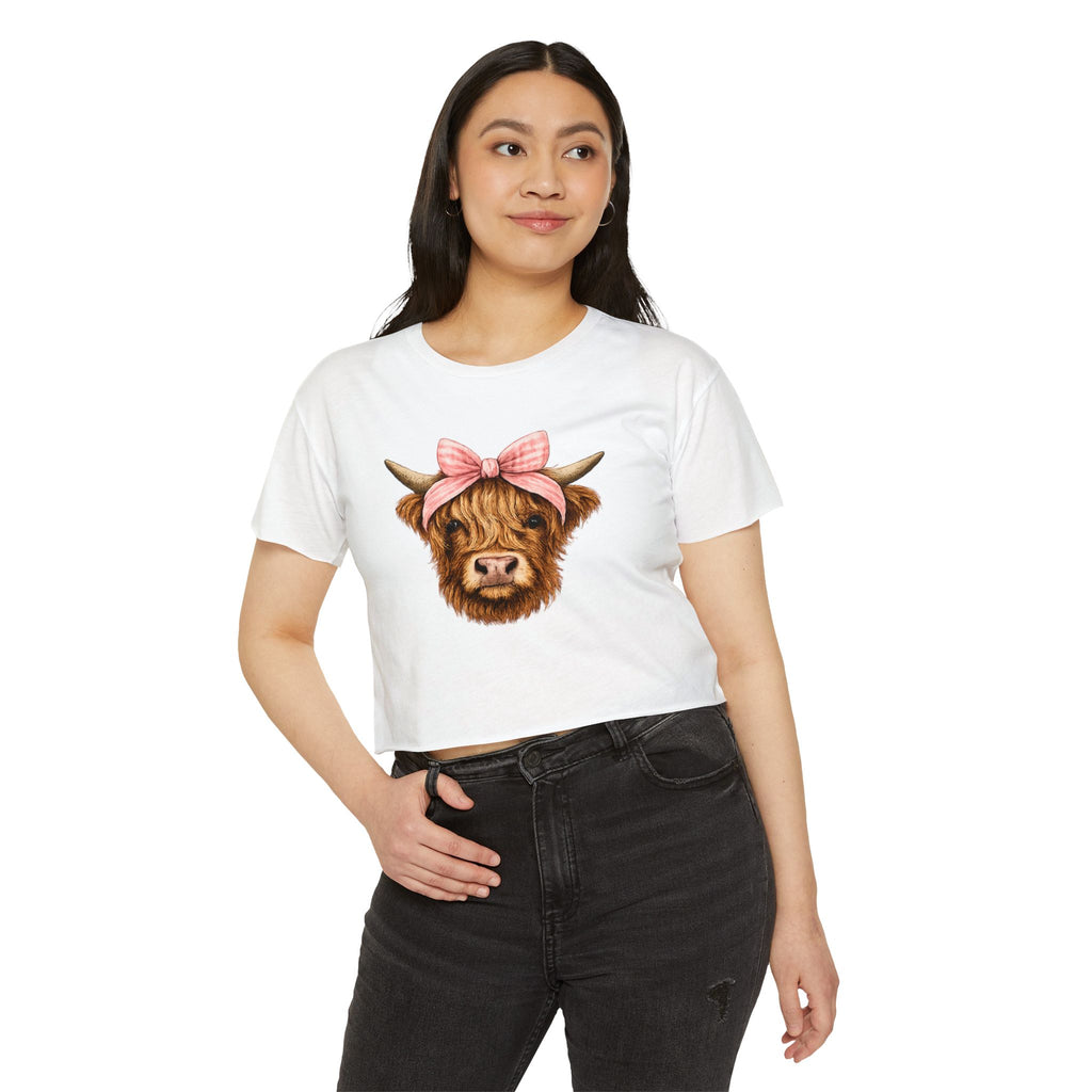 Highland Cow Crop Top — Cute Cow Face with Pink Bow Feminine Festival Tee