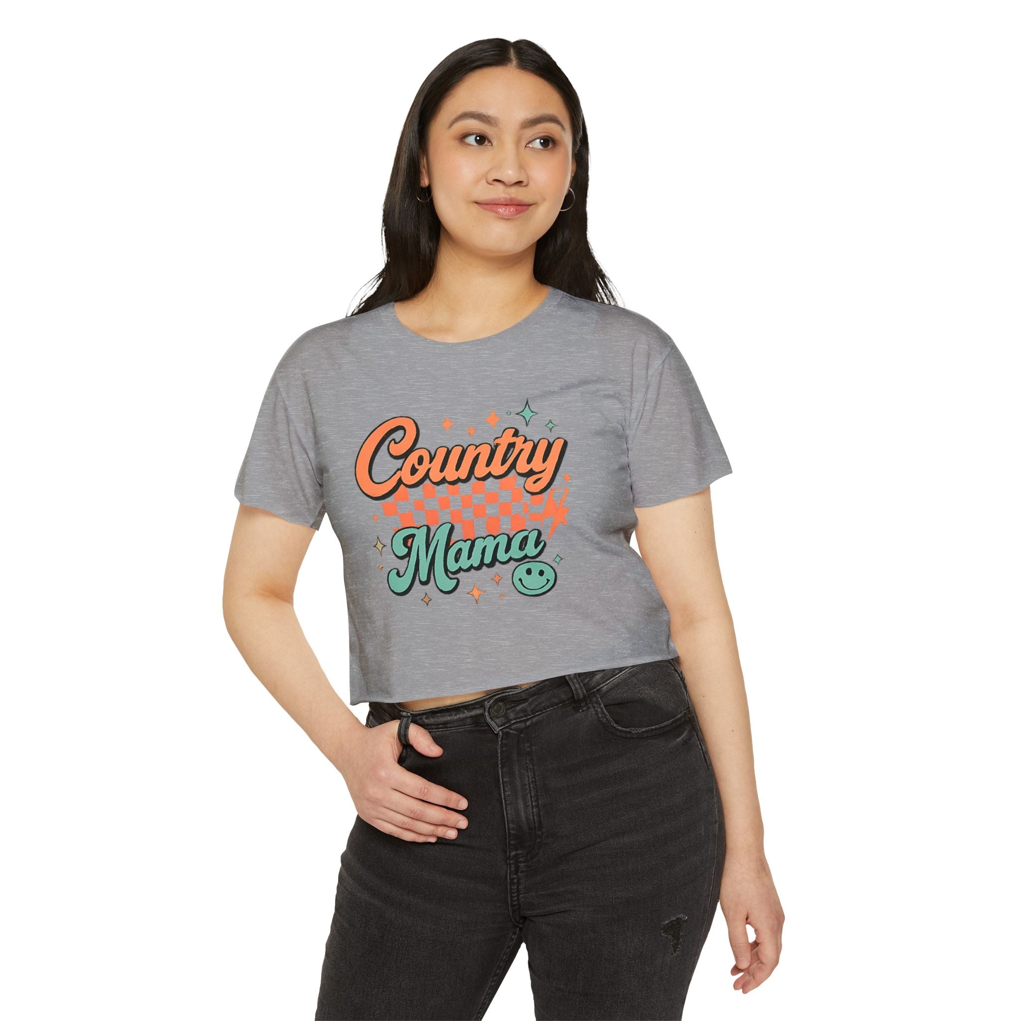 Crop Top — "Country Mama" Retro Checker Festival Tee