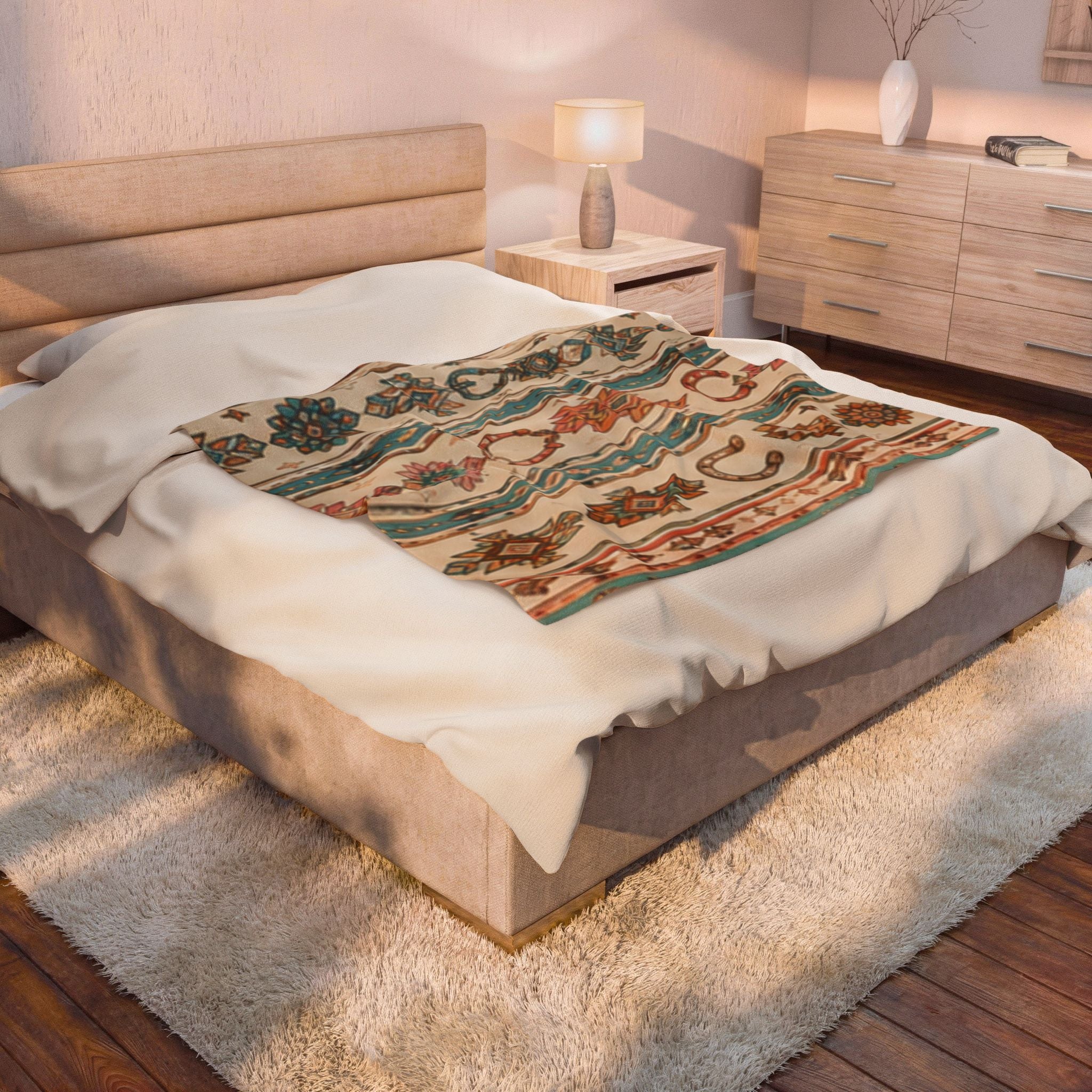 Southwestern Horseshoe Velveteen Plush Blanket – Boho Aztec Throw