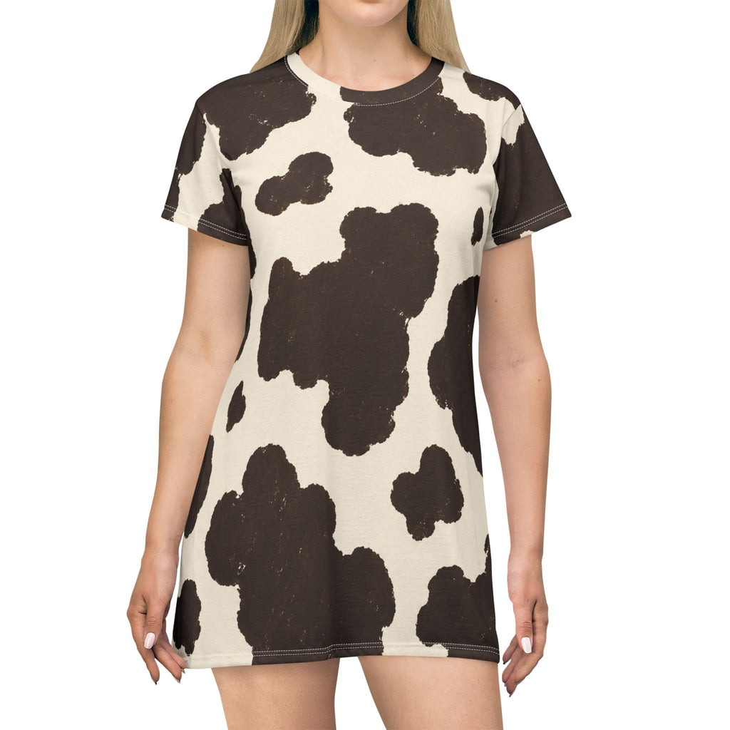 Brown Cow Print T-Shirt Dress | All-Over Print Cowhide Pattern