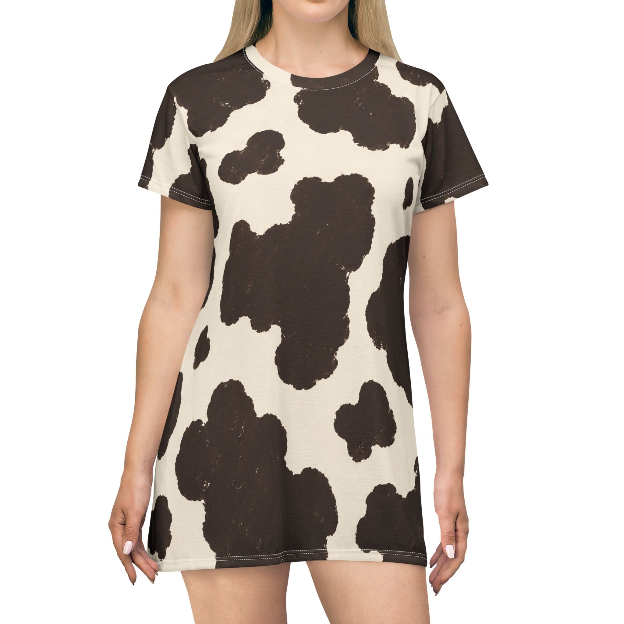 Brown Cow Print T-Shirt Dress | All-Over Print Cowhide Pattern