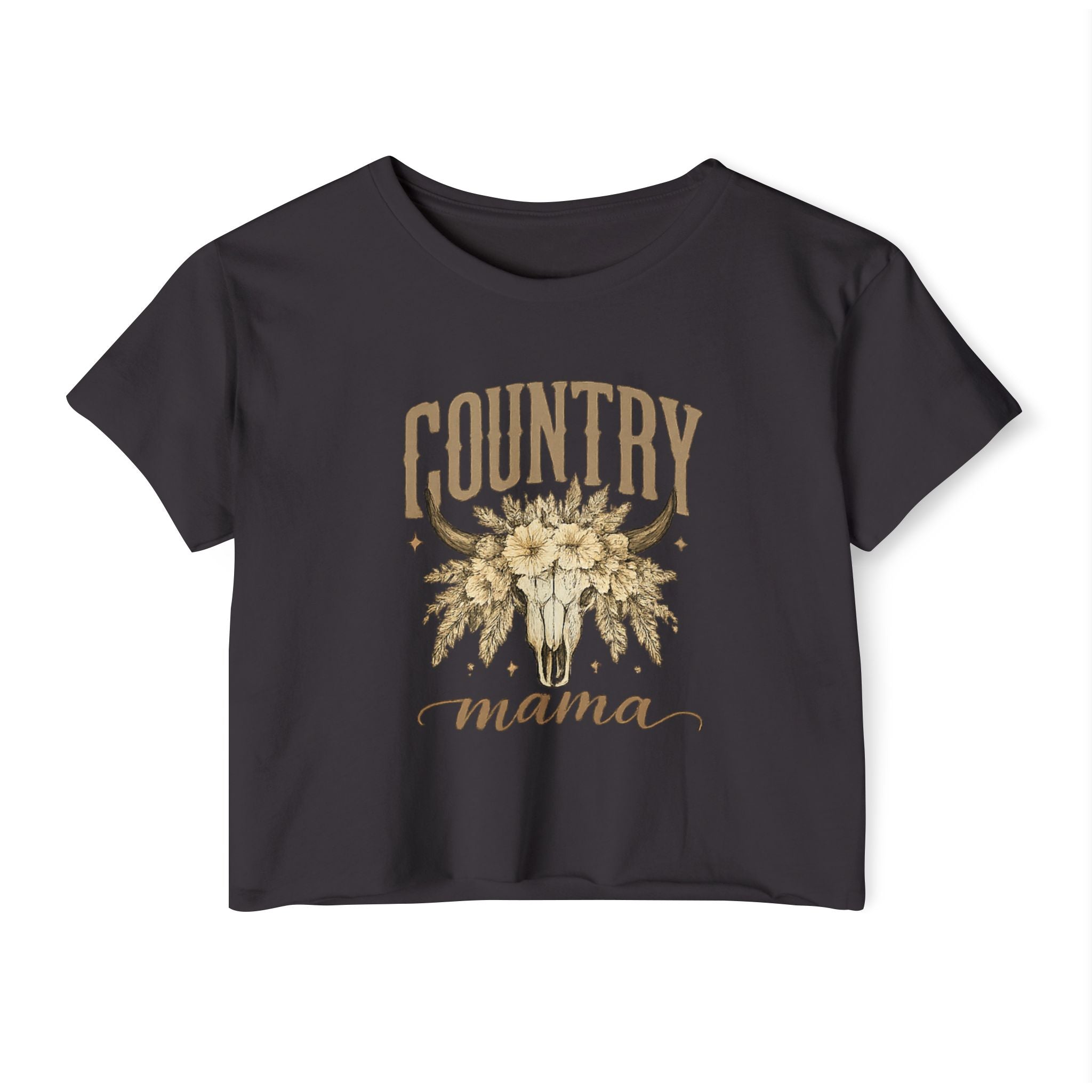 Country Mama Crop Top — Floral Bull Skull Festival Tee for Moms
