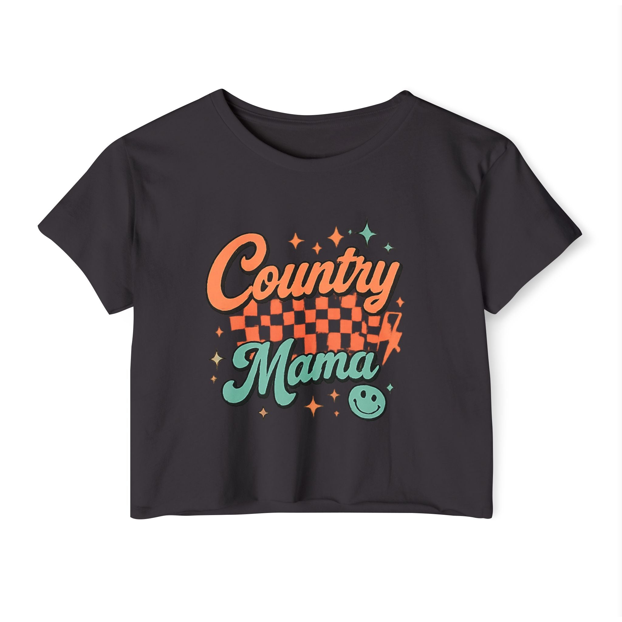 Crop Top — "Country Mama" Retro Checker Festival Tee