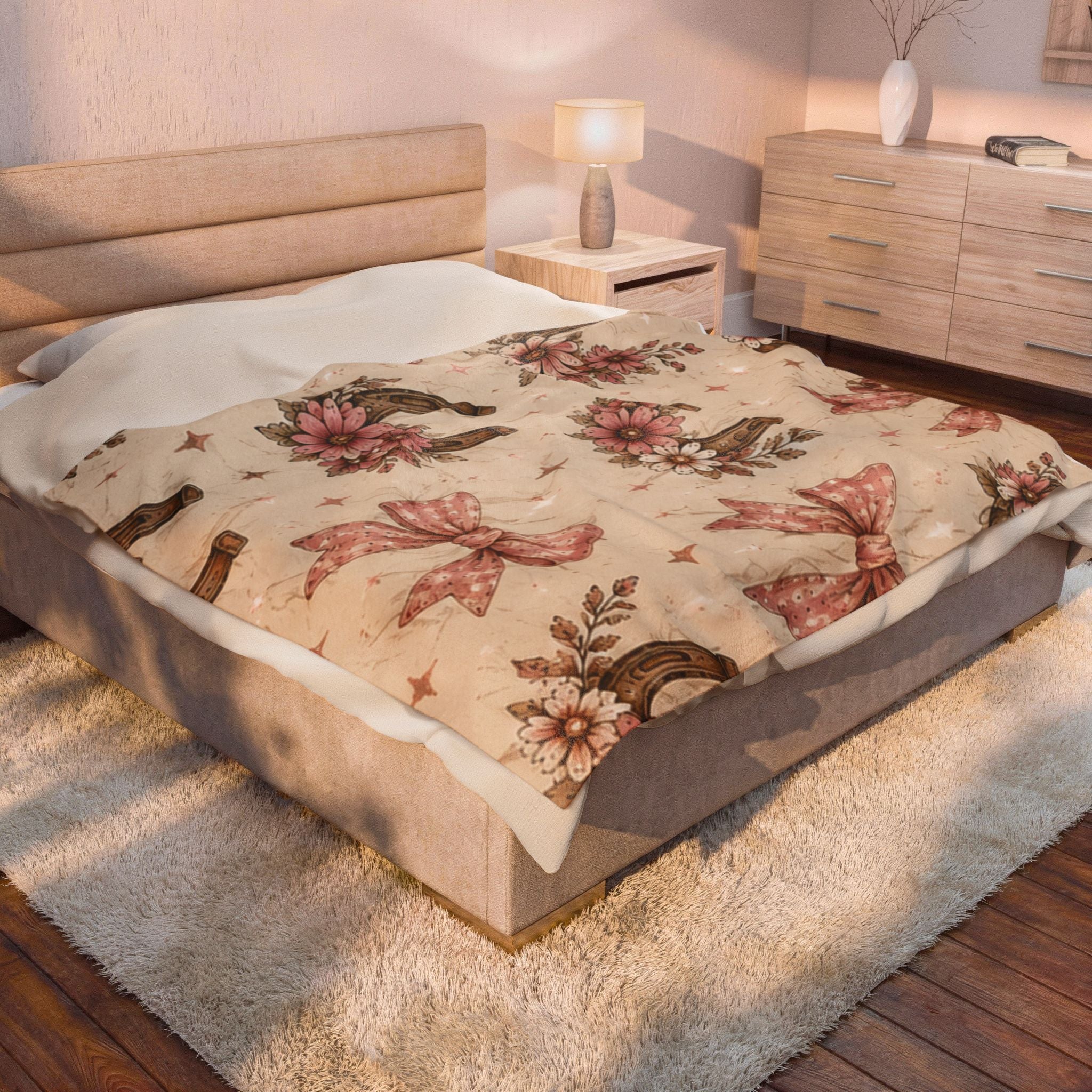 Velveteen Plush Blanket - Vintage Floral Horseshoe Throw with Pink Bows