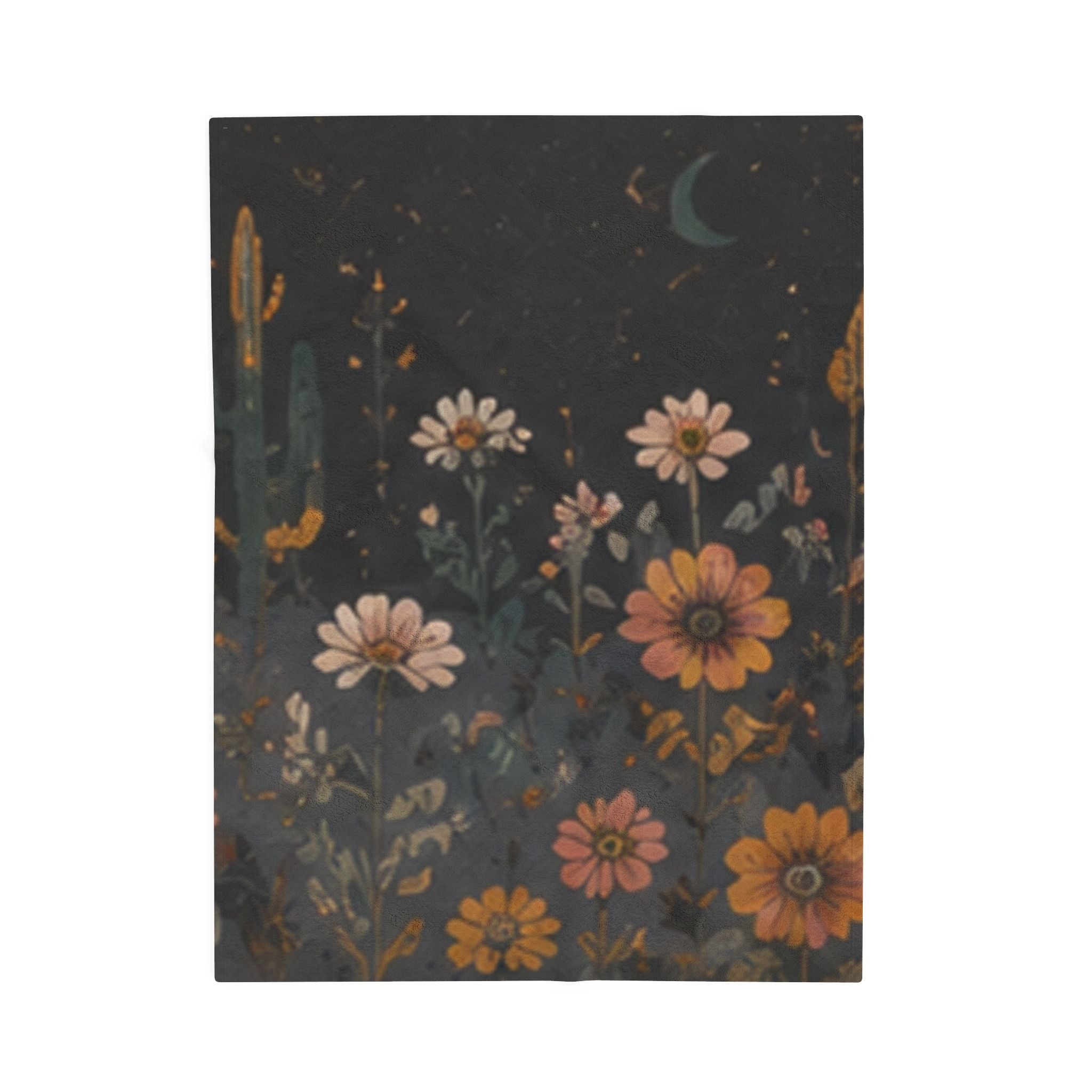 Velveteen Plush Blanket — Midnight Wildflower Throw (Boho Floral Moon)