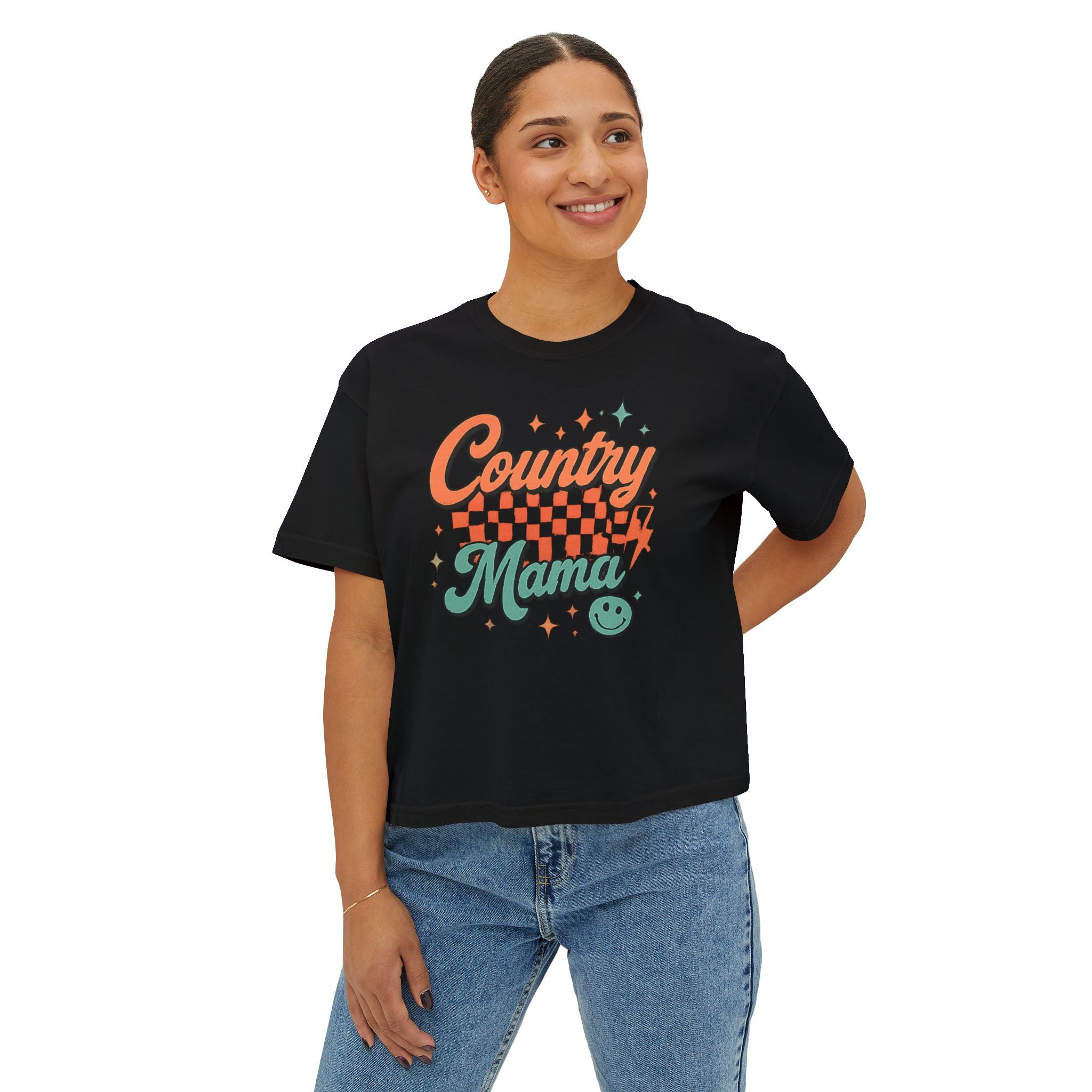 Country Mama Women's Boxy Tee — Retro Checker Smile Graphic