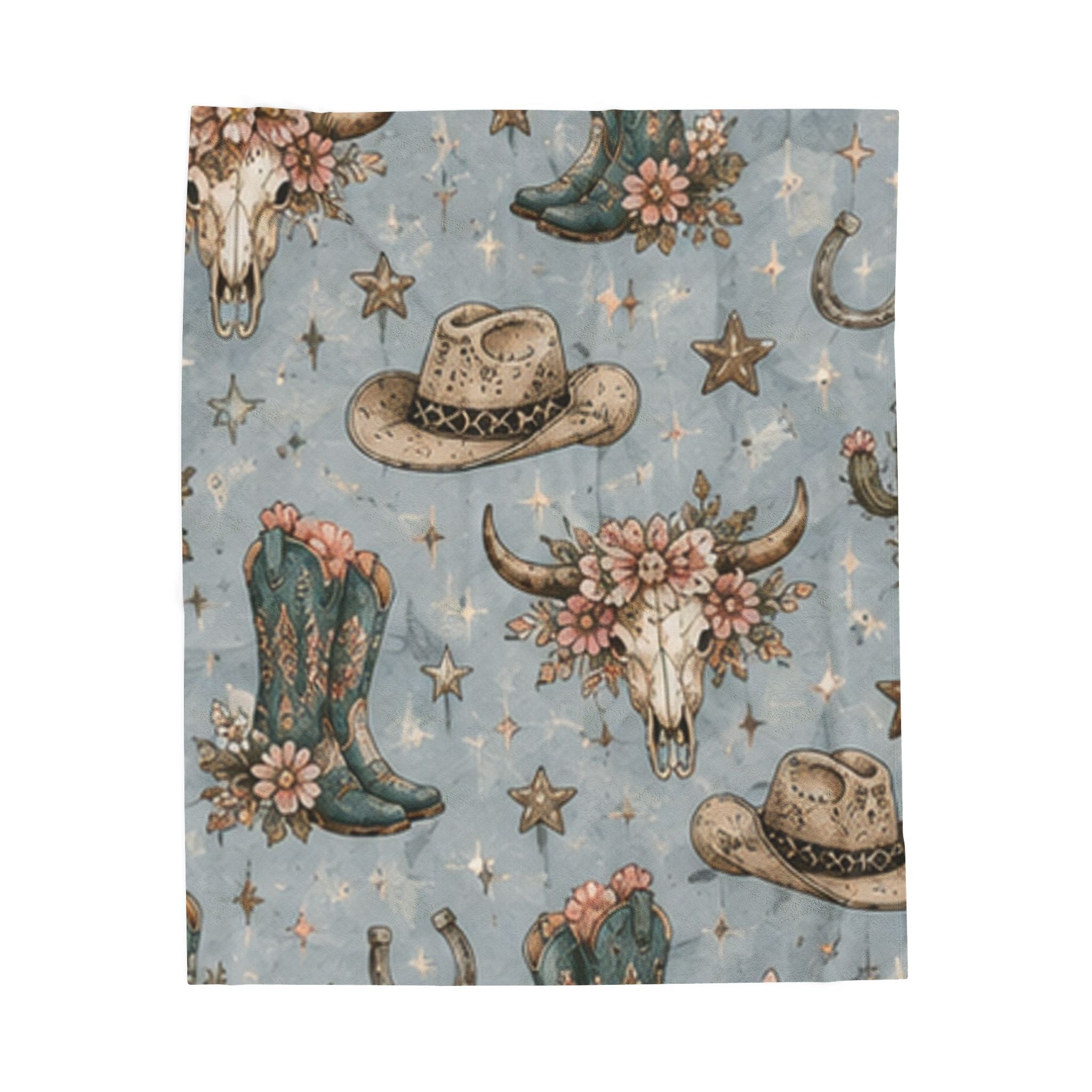 Western Floral Cow Skull Velveteen Plush Blanket — Cowboy Hat & Boots Pattern
