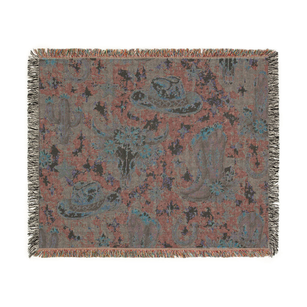 Cowboy Western Woven Blanket – Southwestern Boots, Cactus & Skull Throw