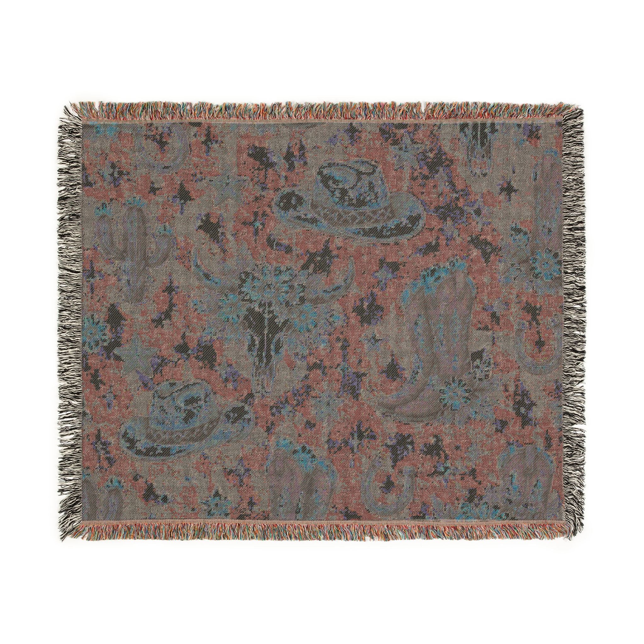 Cowboy Western Woven Blanket – Southwestern Boots, Cactus & Skull Throw